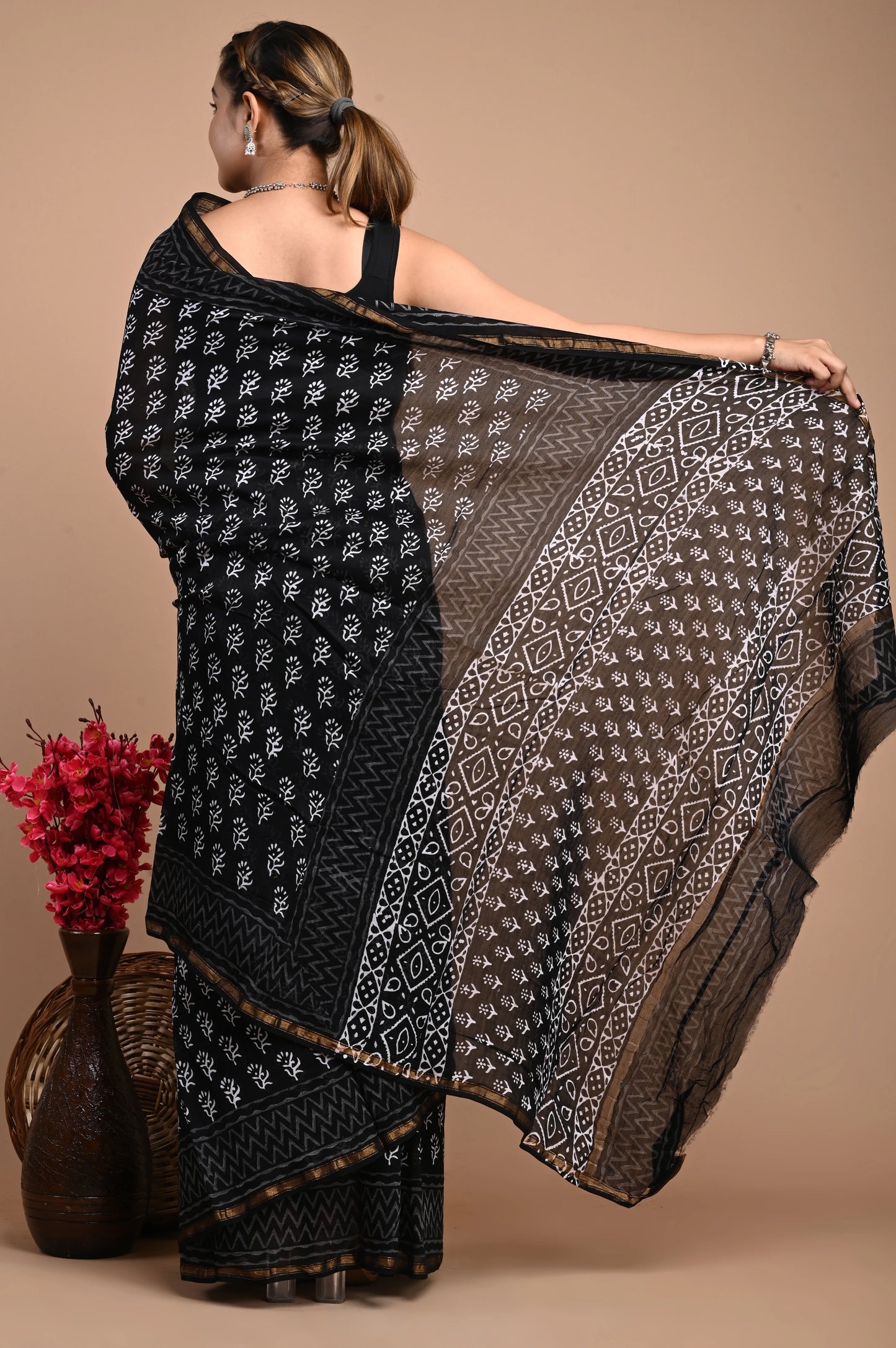 Hand Block Printed Chanderi Silk Saree (Black & White)