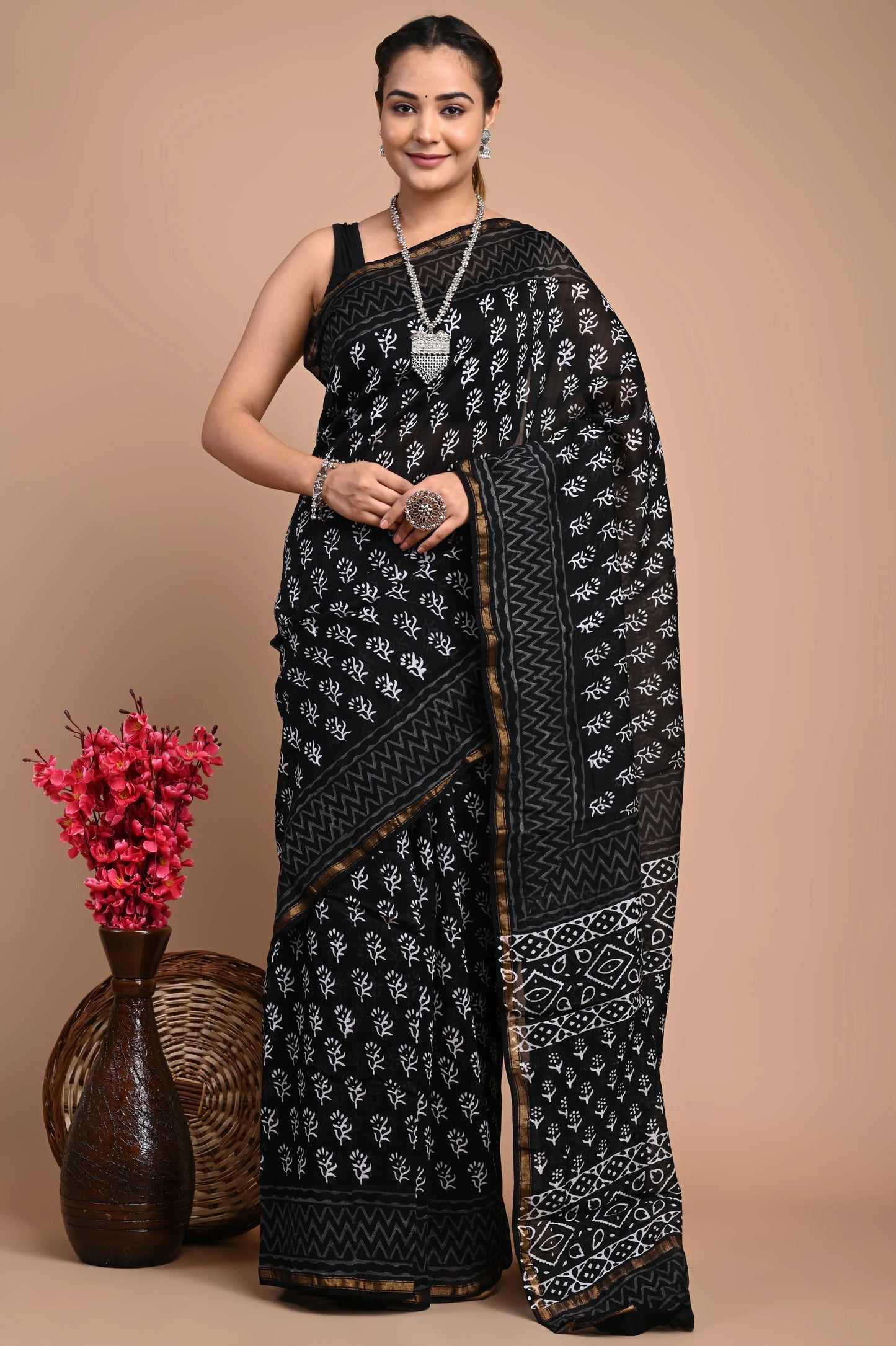 Hand Block Printed Chanderi Silk Saree (Black & White)
