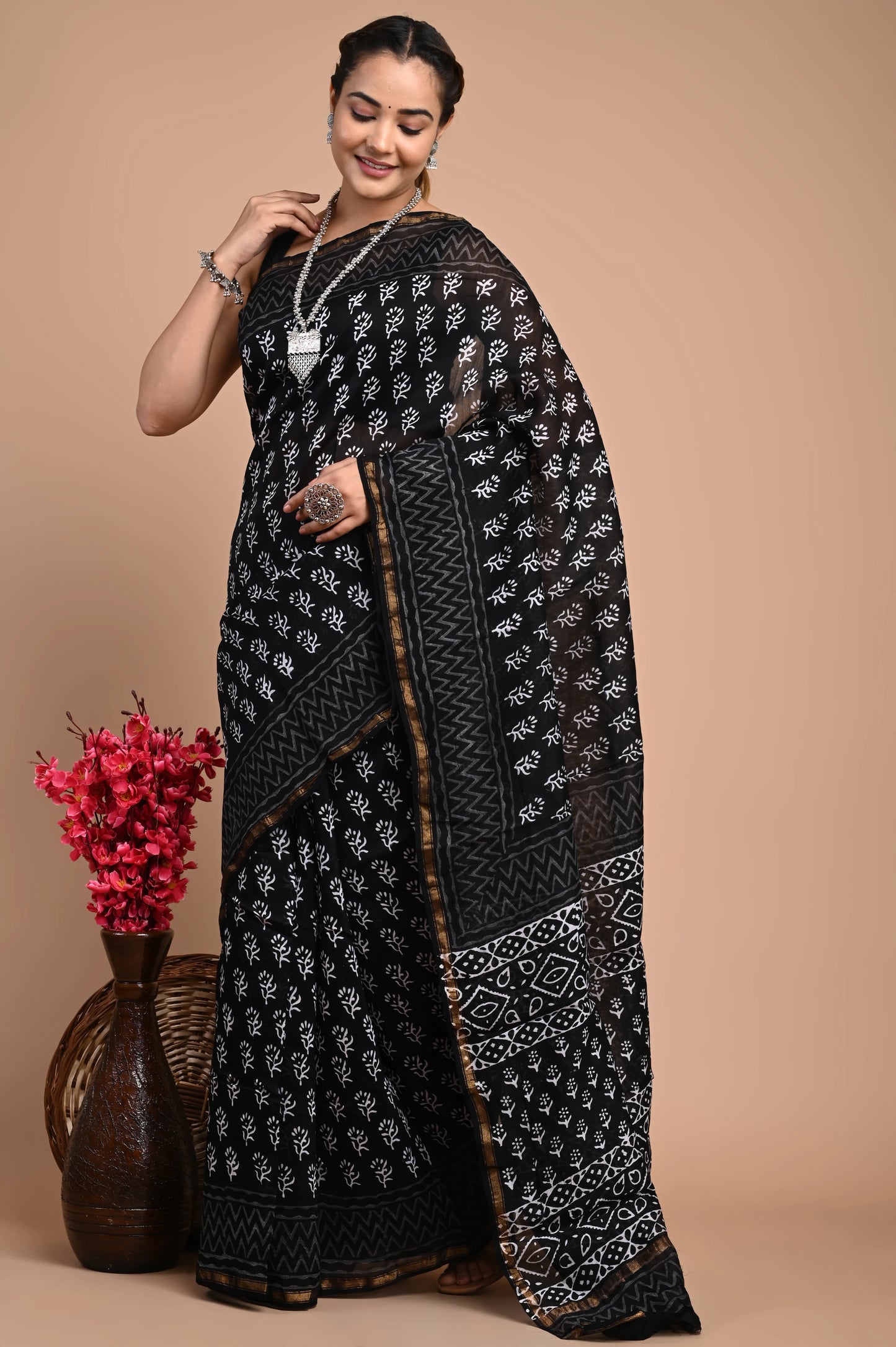 Hand Block Printed Chanderi Silk Saree (Black & White)