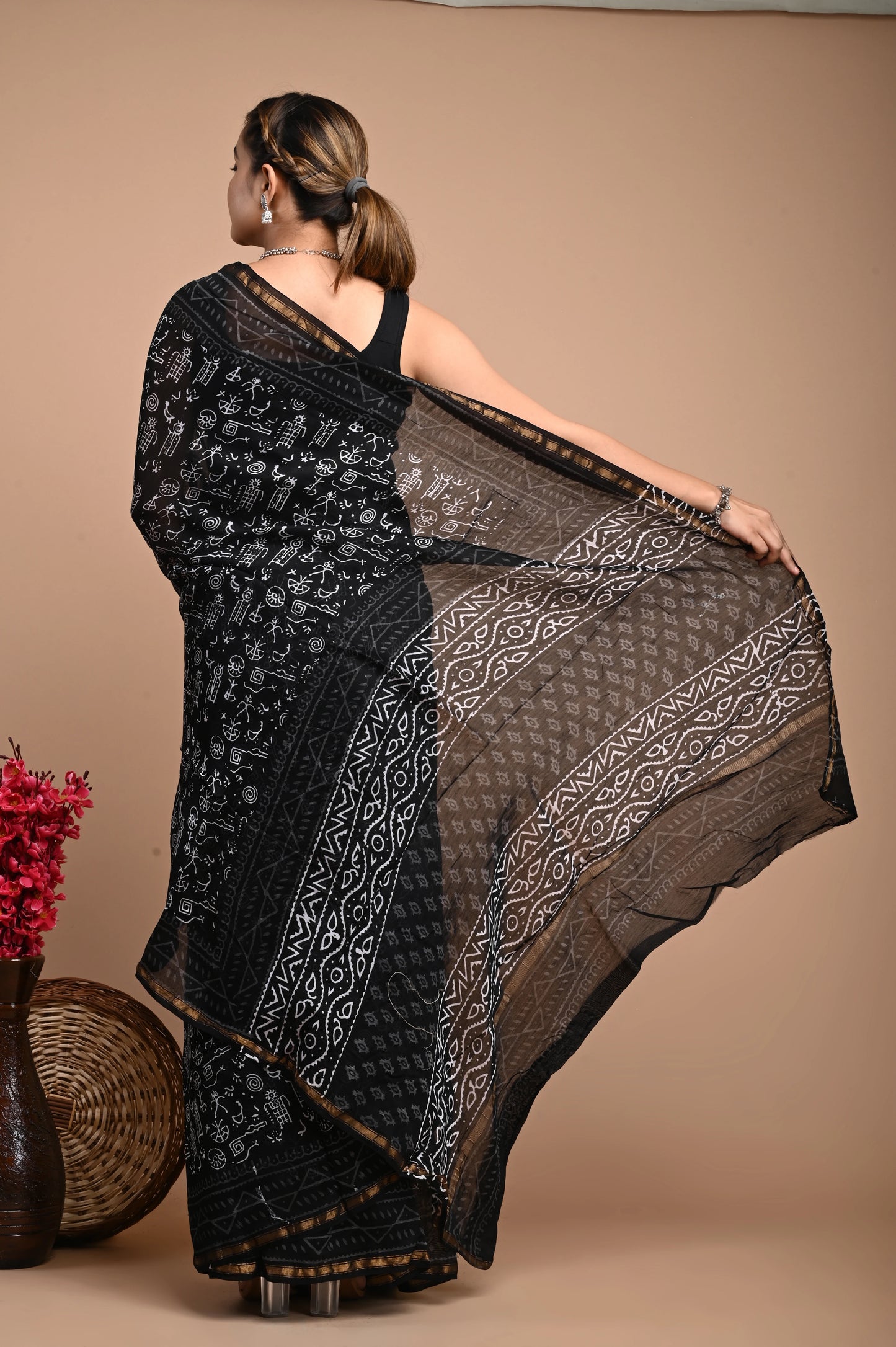 Hand Block Printed Chanderi Silk Saree (Warli Print)