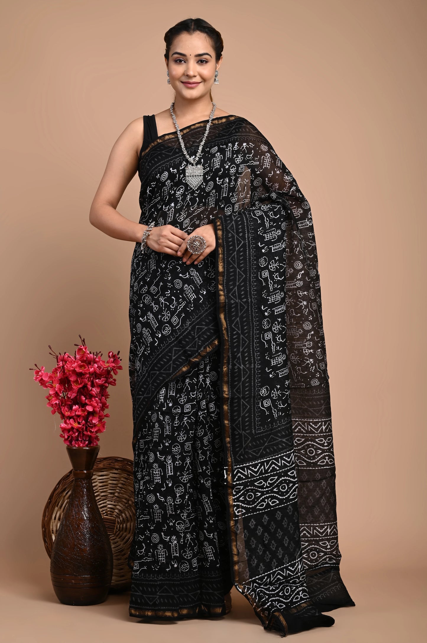 Hand Block Printed Chanderi Silk Saree (Warli Print)