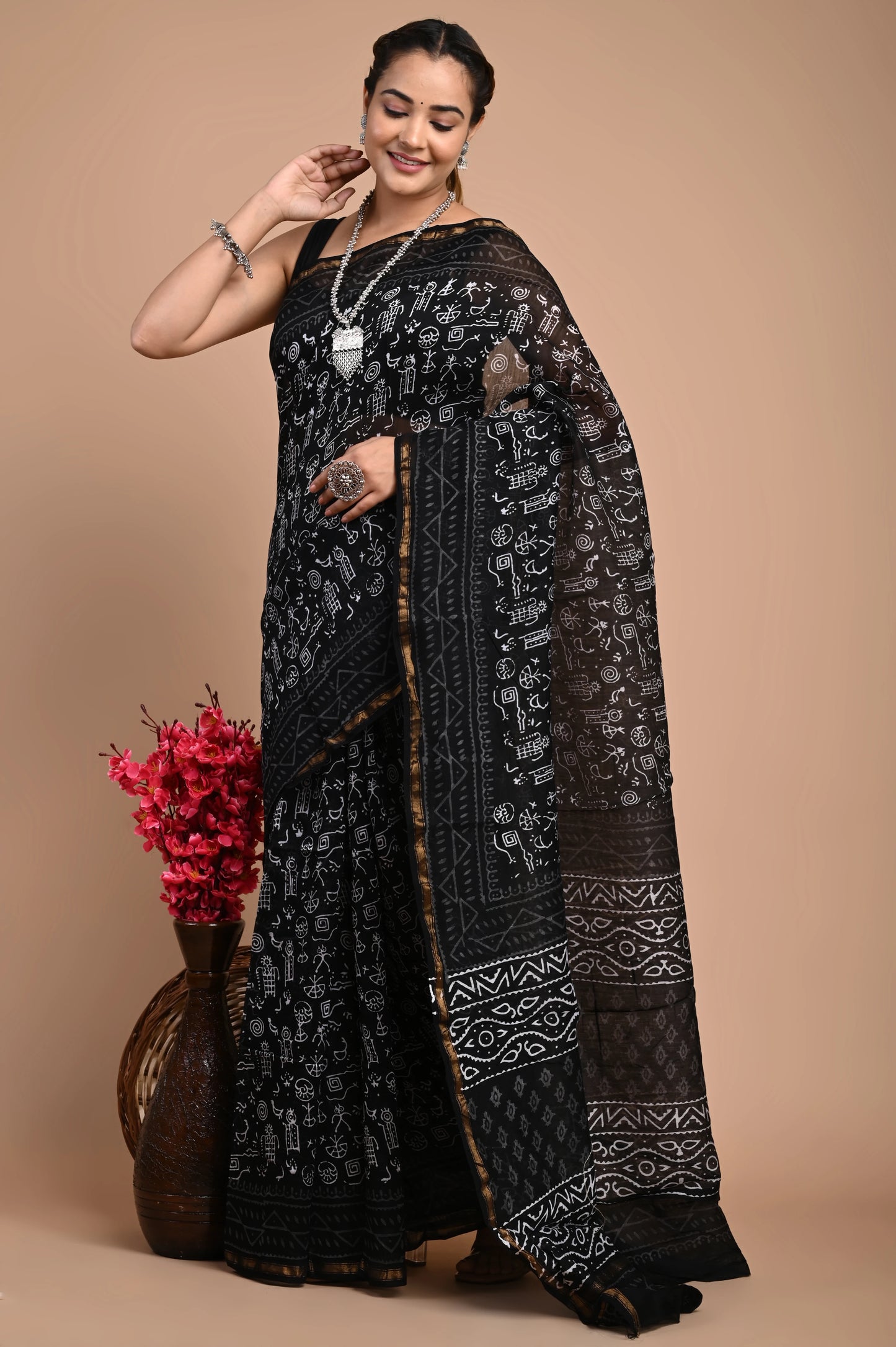 Hand Block Printed Chanderi Silk Saree (Warli Print)