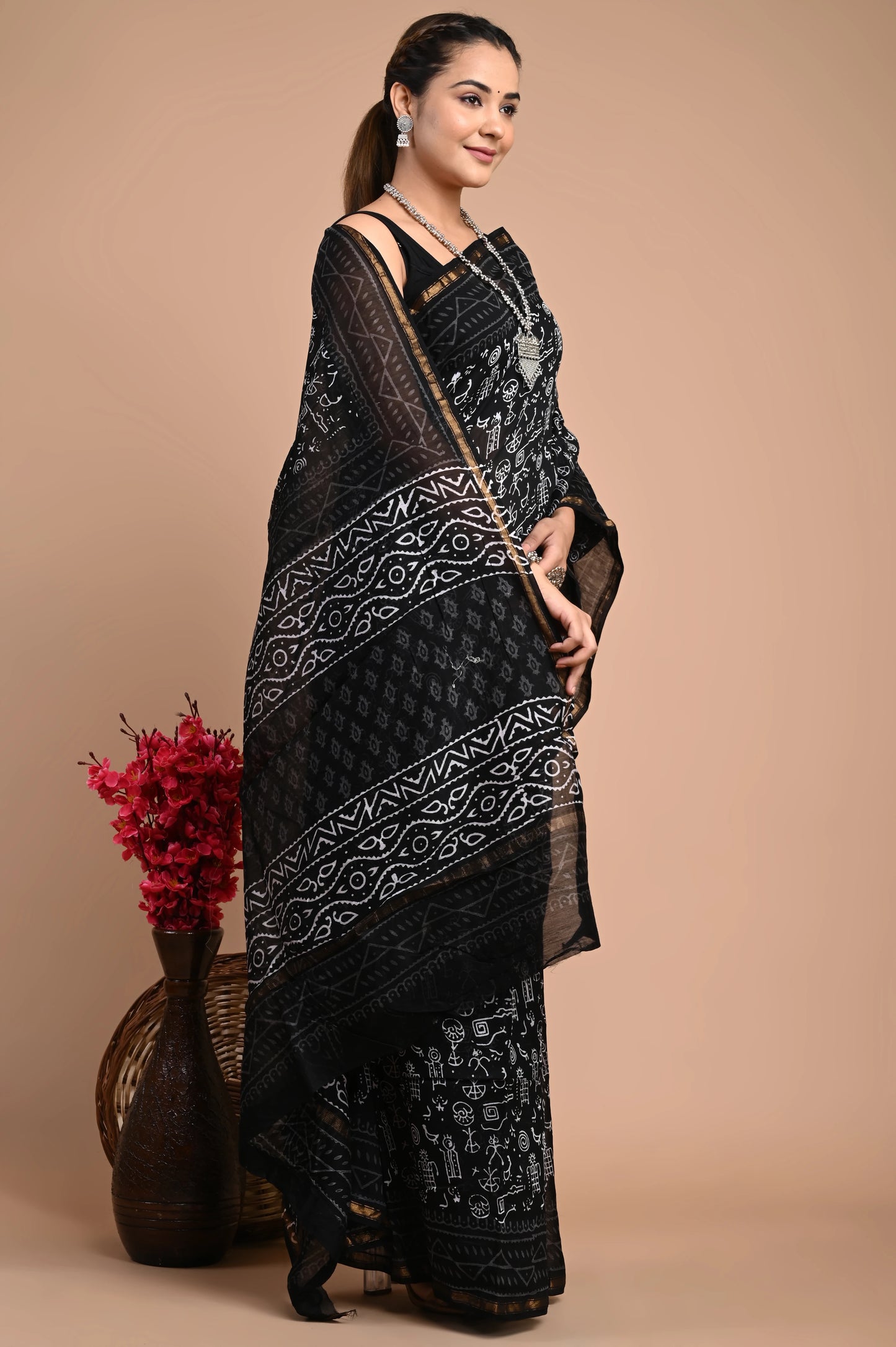Hand Block Printed Chanderi Silk Saree (Warli Print)