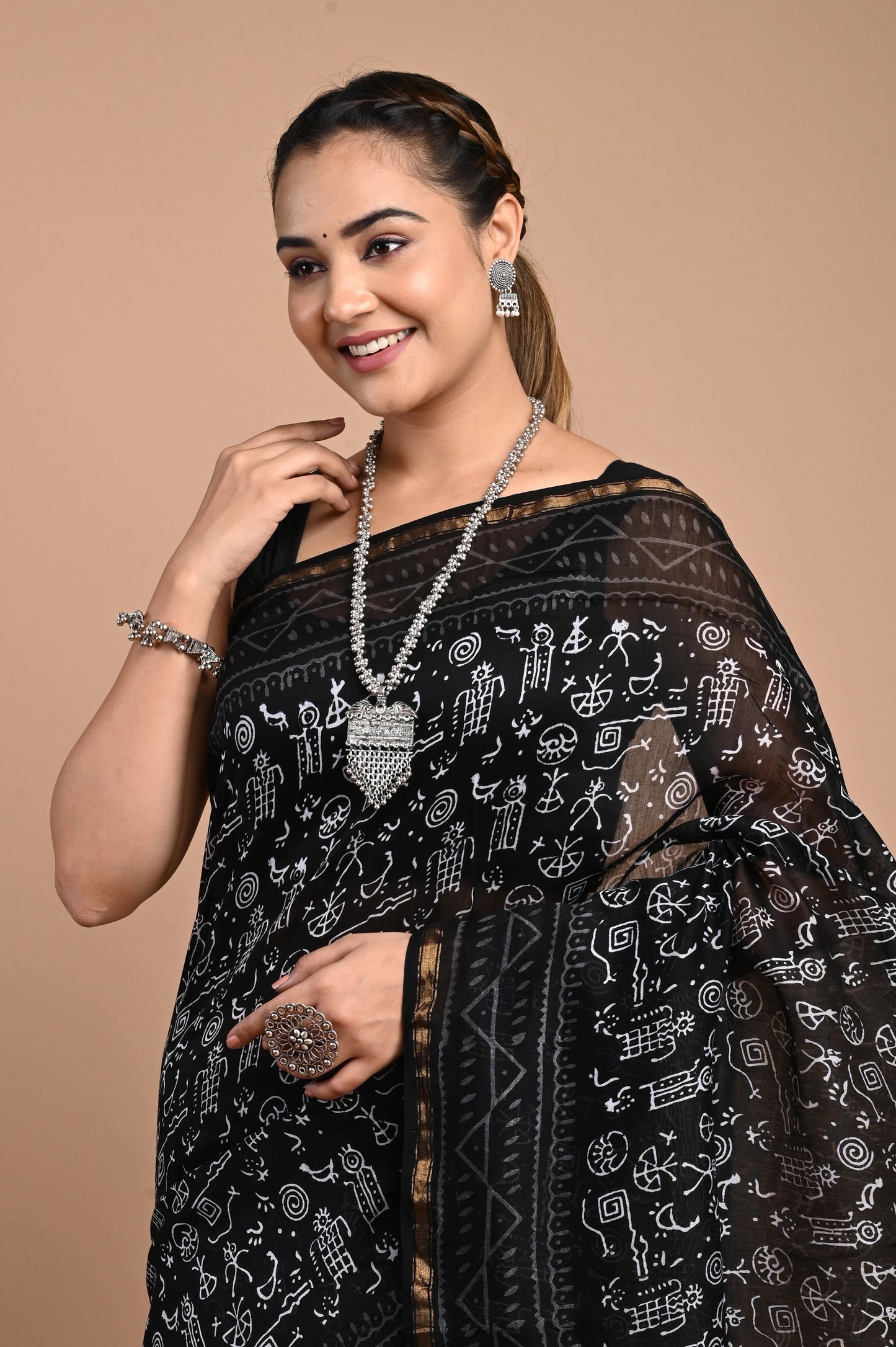 Hand Block Printed Chanderi Silk Saree (Warli Print)