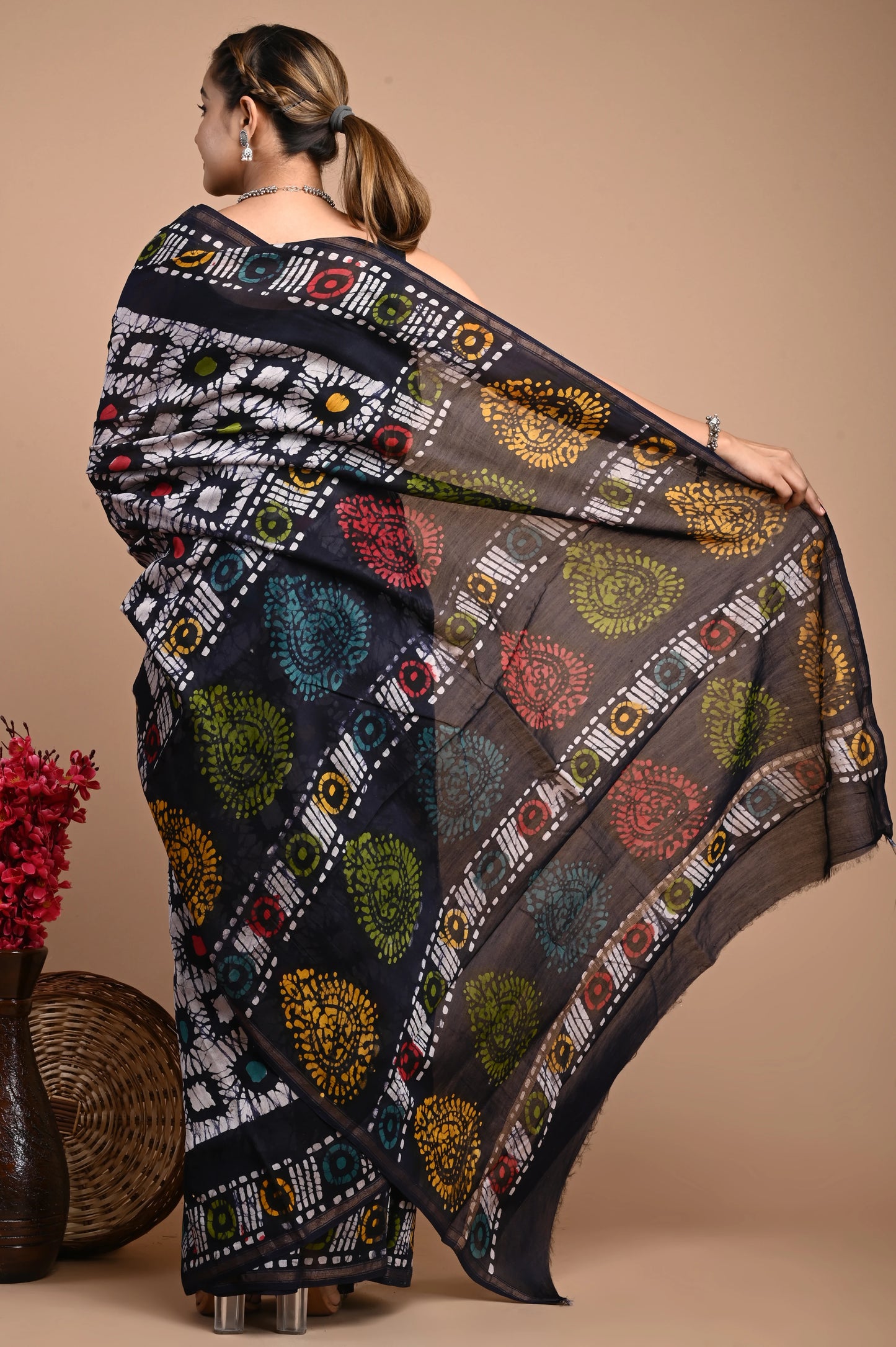 Hand Block Printed Chanderi Silk Saree (Batik Print)