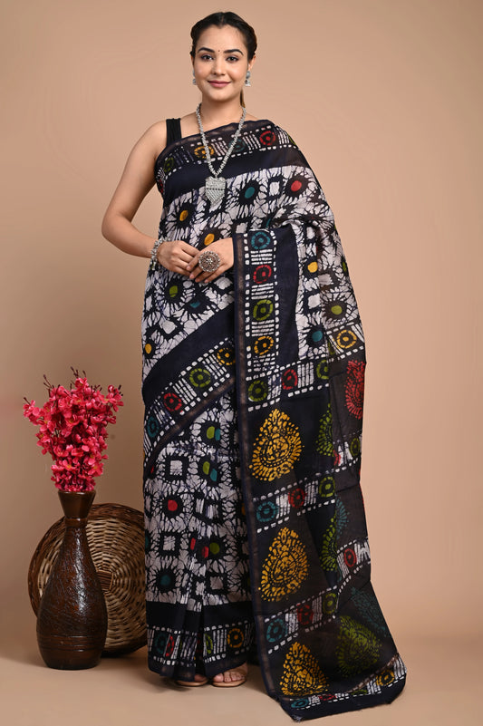 Hand Block Printed Chanderi Silk Saree (Batik Print)