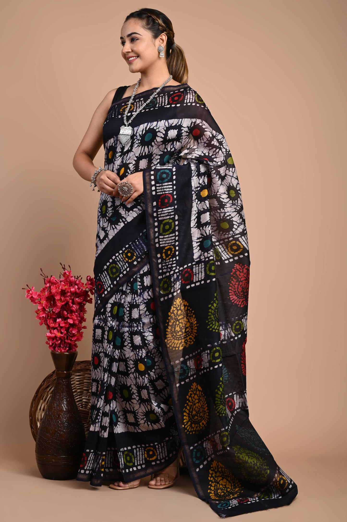 Hand Block Printed Chanderi Silk Saree (Batik Print)