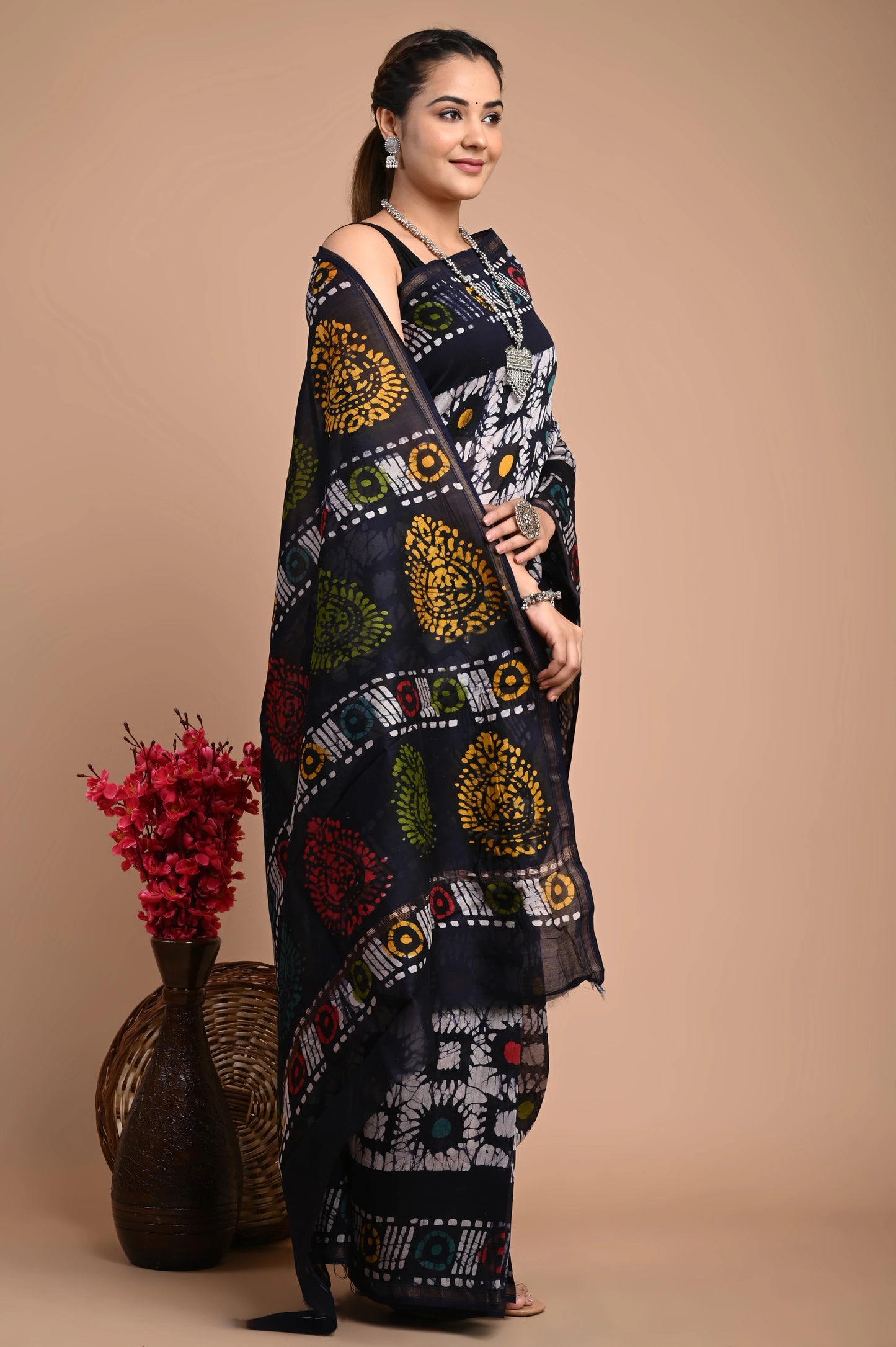 Hand Block Printed Chanderi Silk Saree (Batik Print)