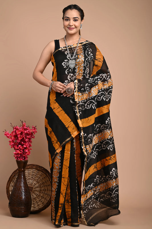 Hand Block Printed Chanderi Silk Saree (Batik Print)