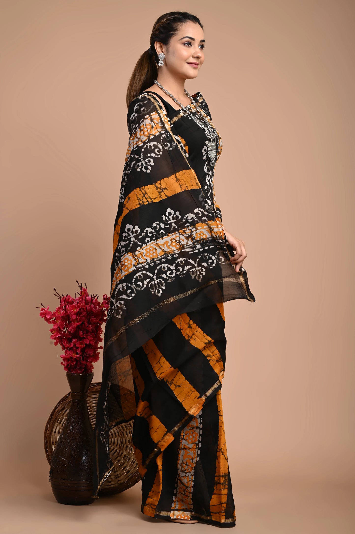 Hand Block Printed Chanderi Silk Saree (Batik Print)