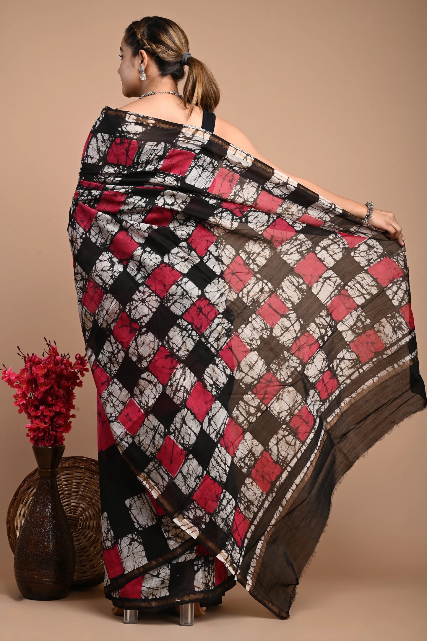 Hand Block Printed Chanderi Silk Saree (Batik Print)
