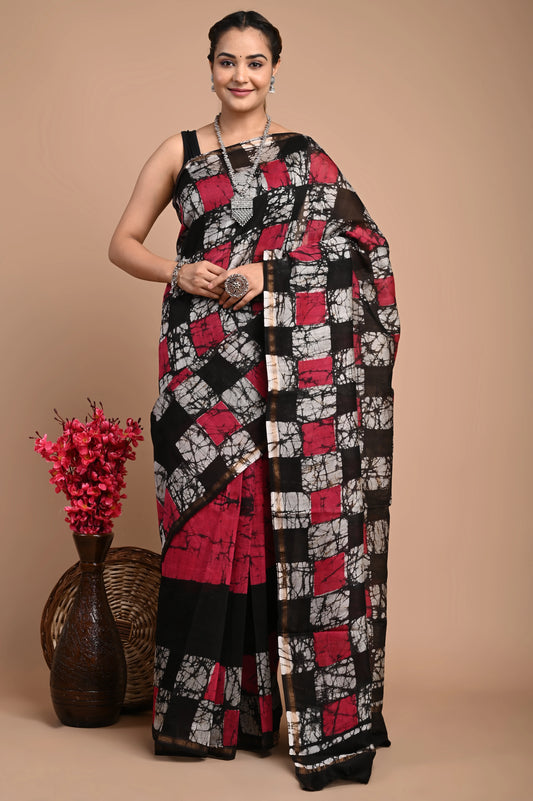 Hand Block Printed Chanderi Silk Saree (Batik Print)