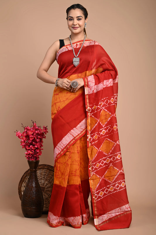 Hand Block Printed Chanderi Silk Saree (Batik print)