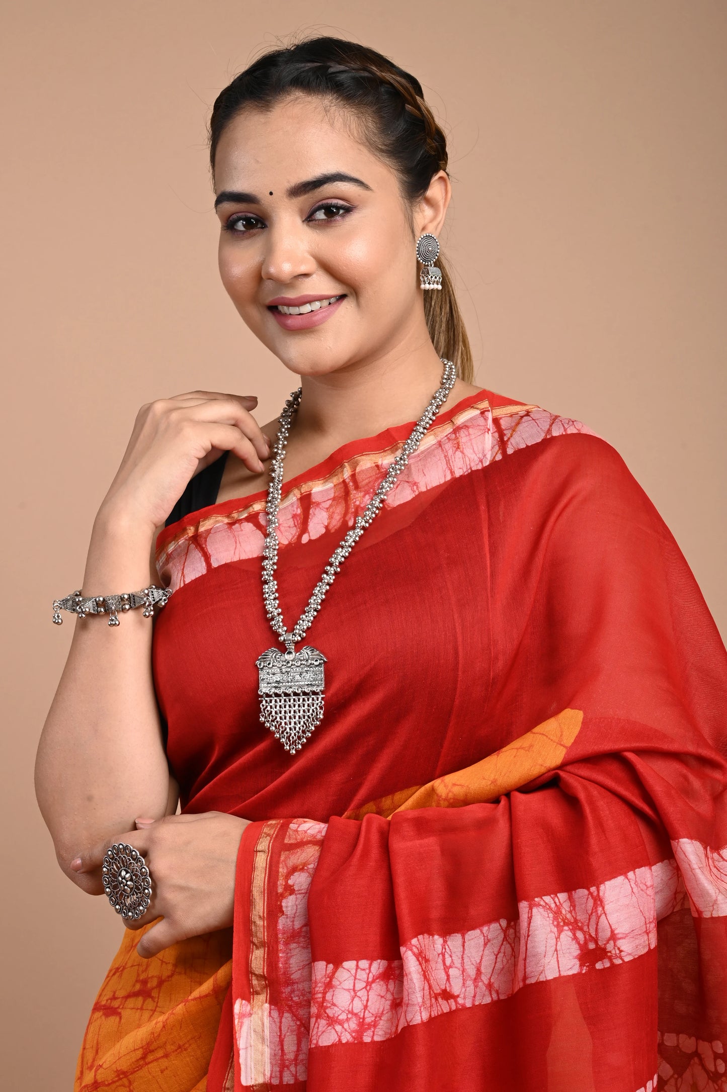 Hand Block Printed Chanderi Silk Saree (Batik print)
