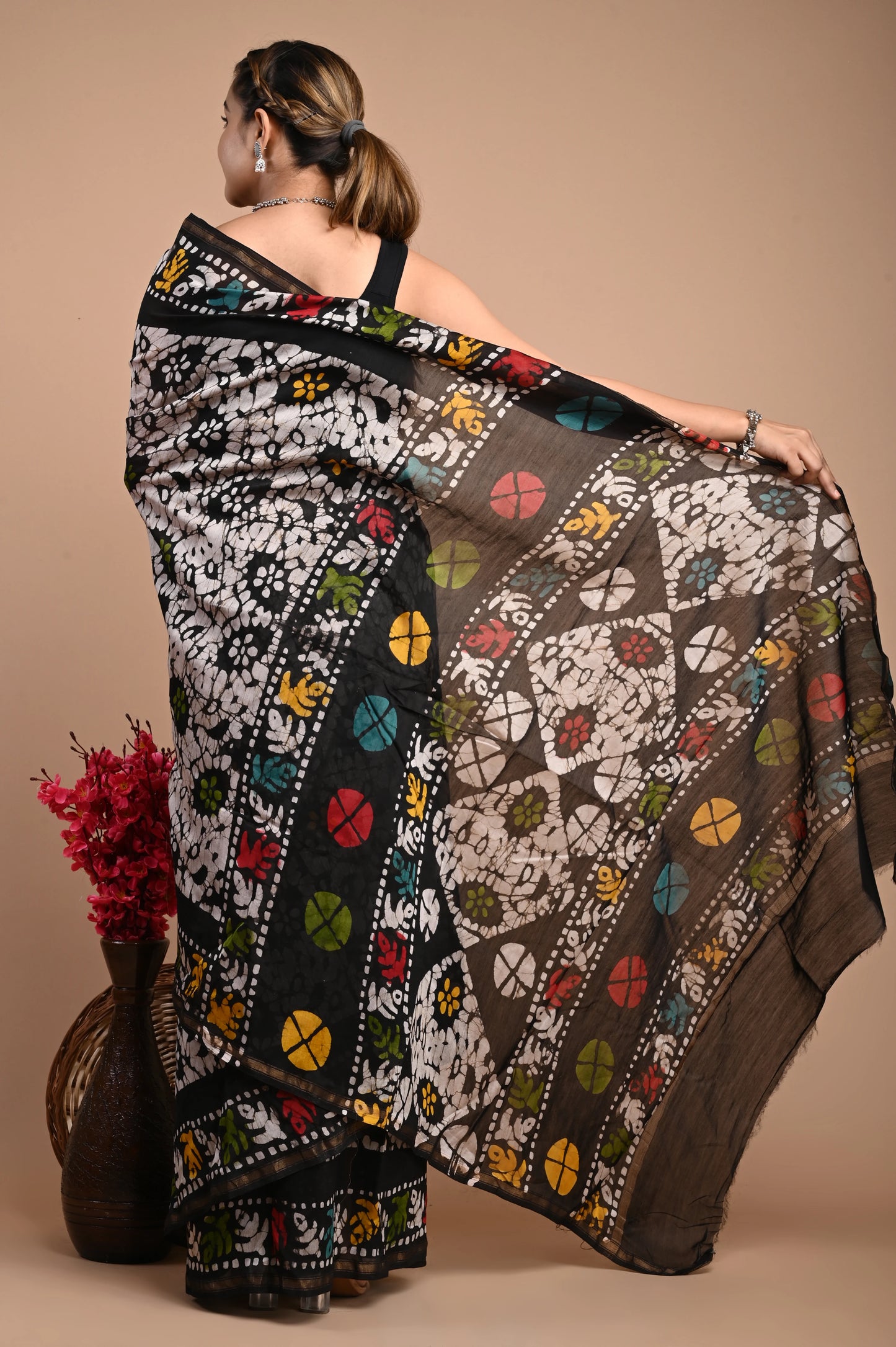 Hand Block Printed Chanderi Silk Saree (Batik Print)