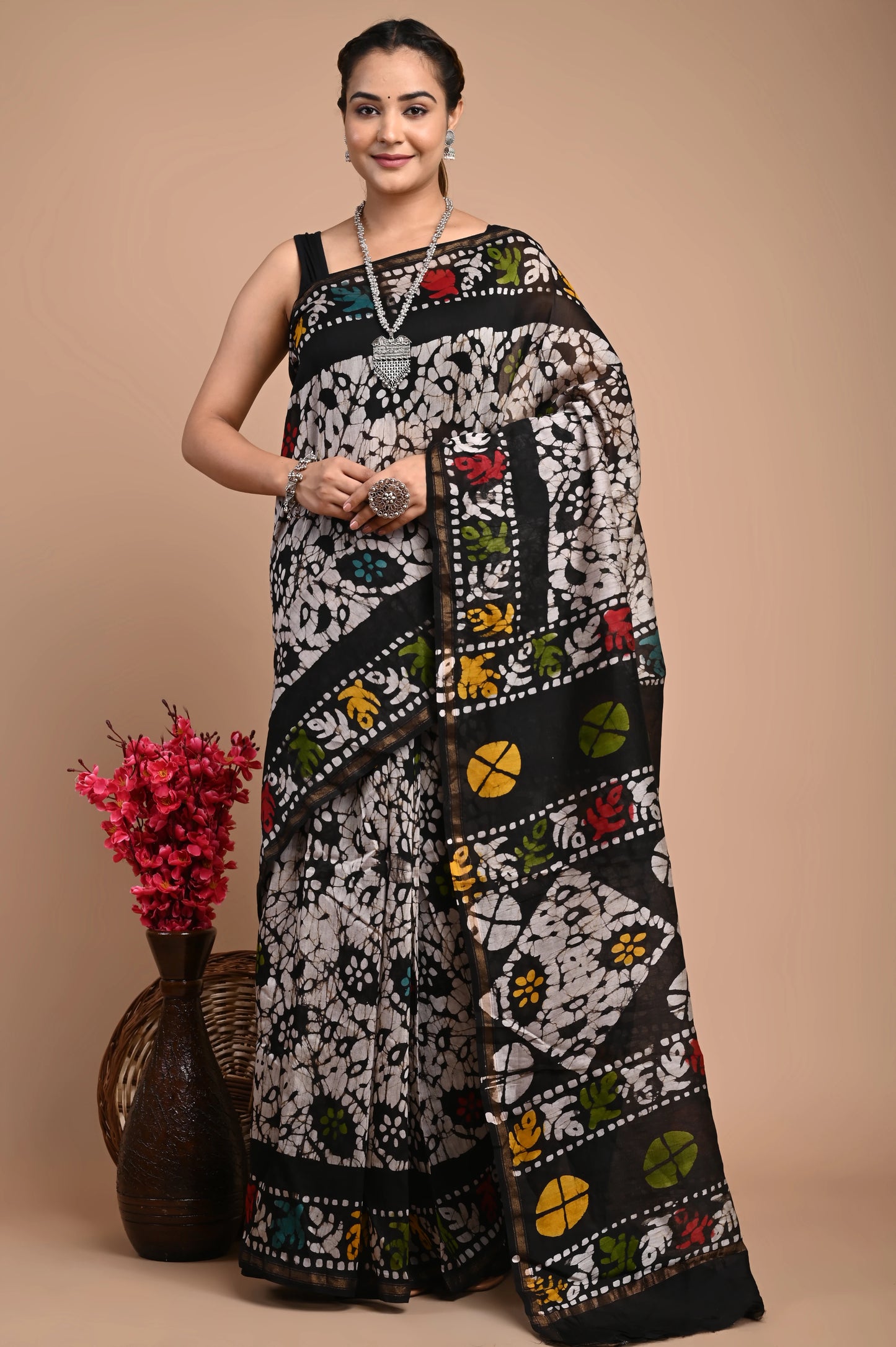 Hand Block Printed Chanderi Silk Saree (Batik Print)