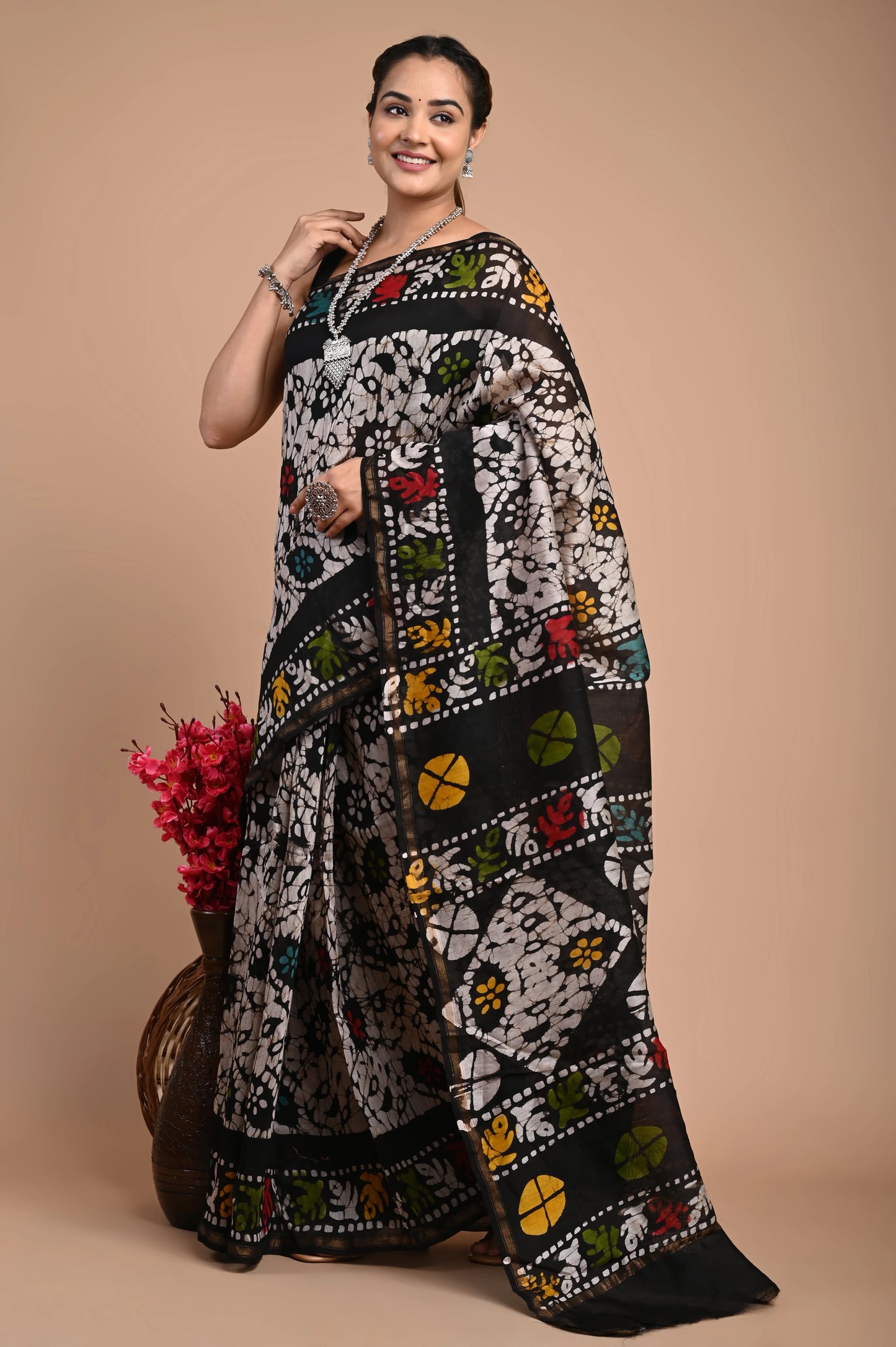 Hand Block Printed Chanderi Silk Saree (Batik Print)