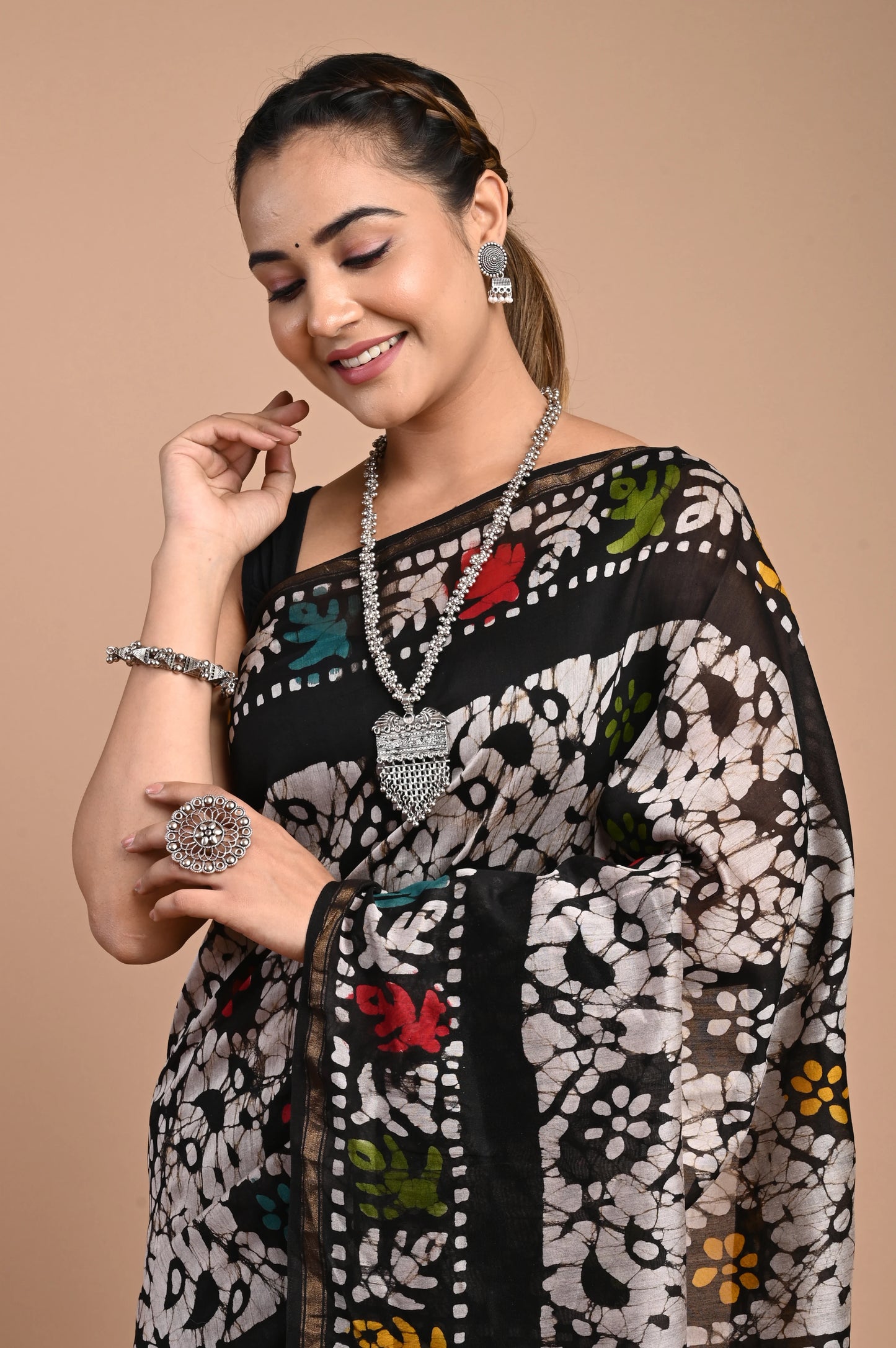 Hand Block Printed Chanderi Silk Saree (Batik Print)