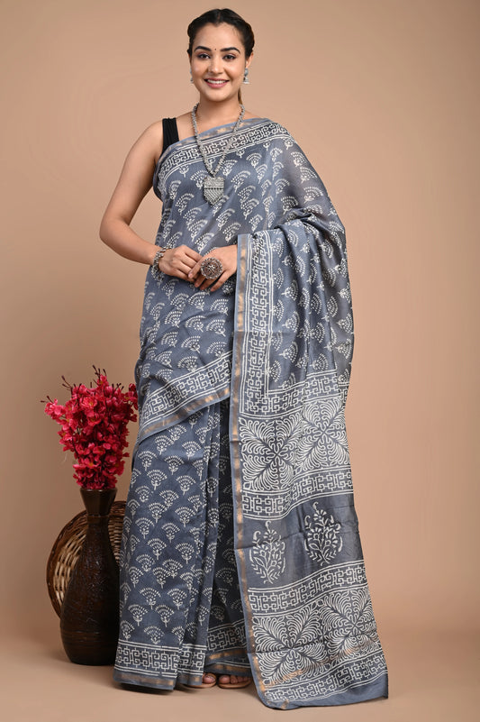 Hand Block Printed Chanderi Silk Saree