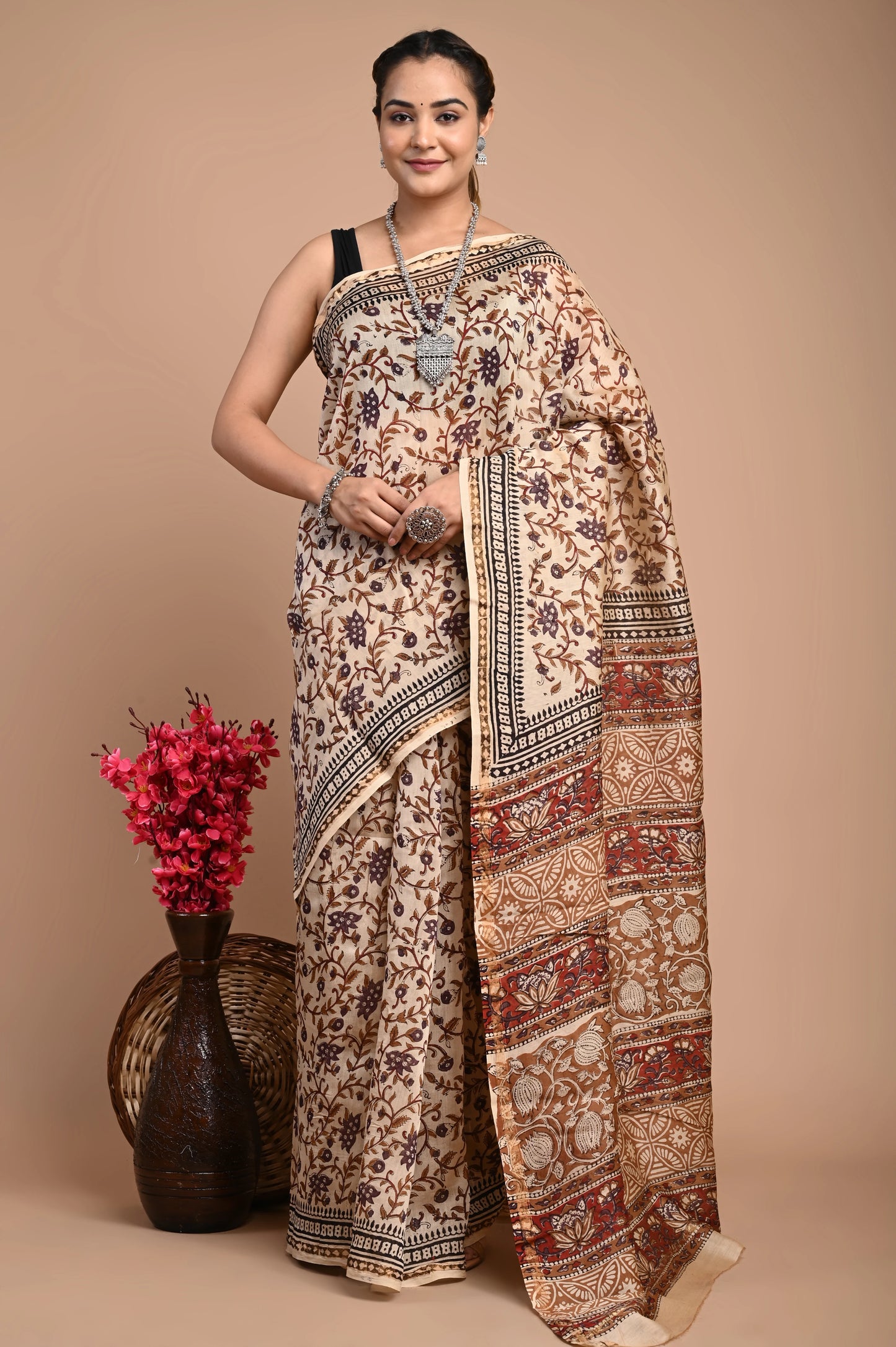 Hand Block Printed Chanderi Silk Saree (Bagru Print)