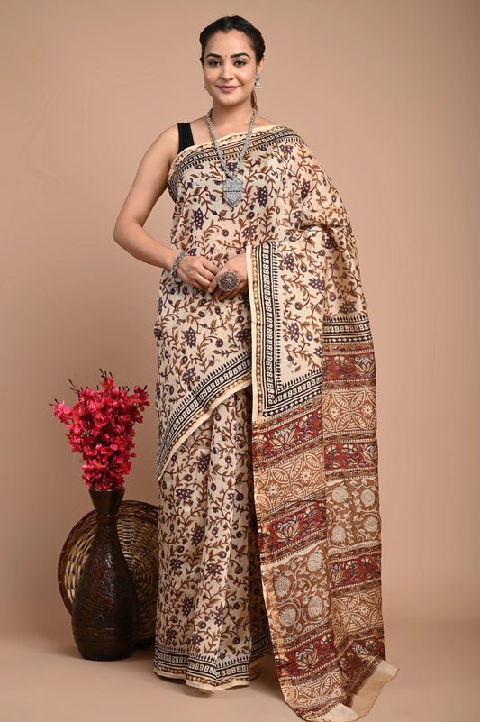 Hand Block Printed Chanderi Silk Saree (Bagru Print)