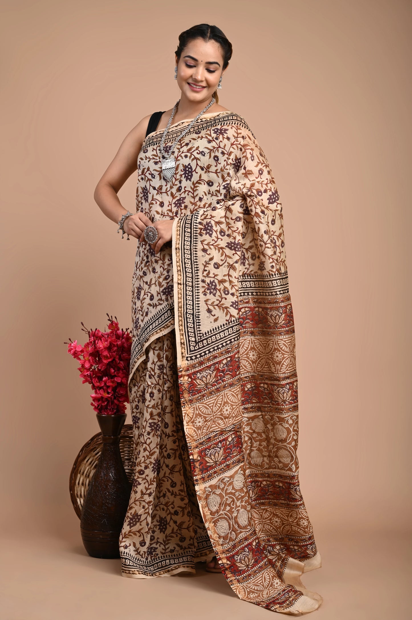 Hand Block Printed Chanderi Silk Saree (Bagru Print)
