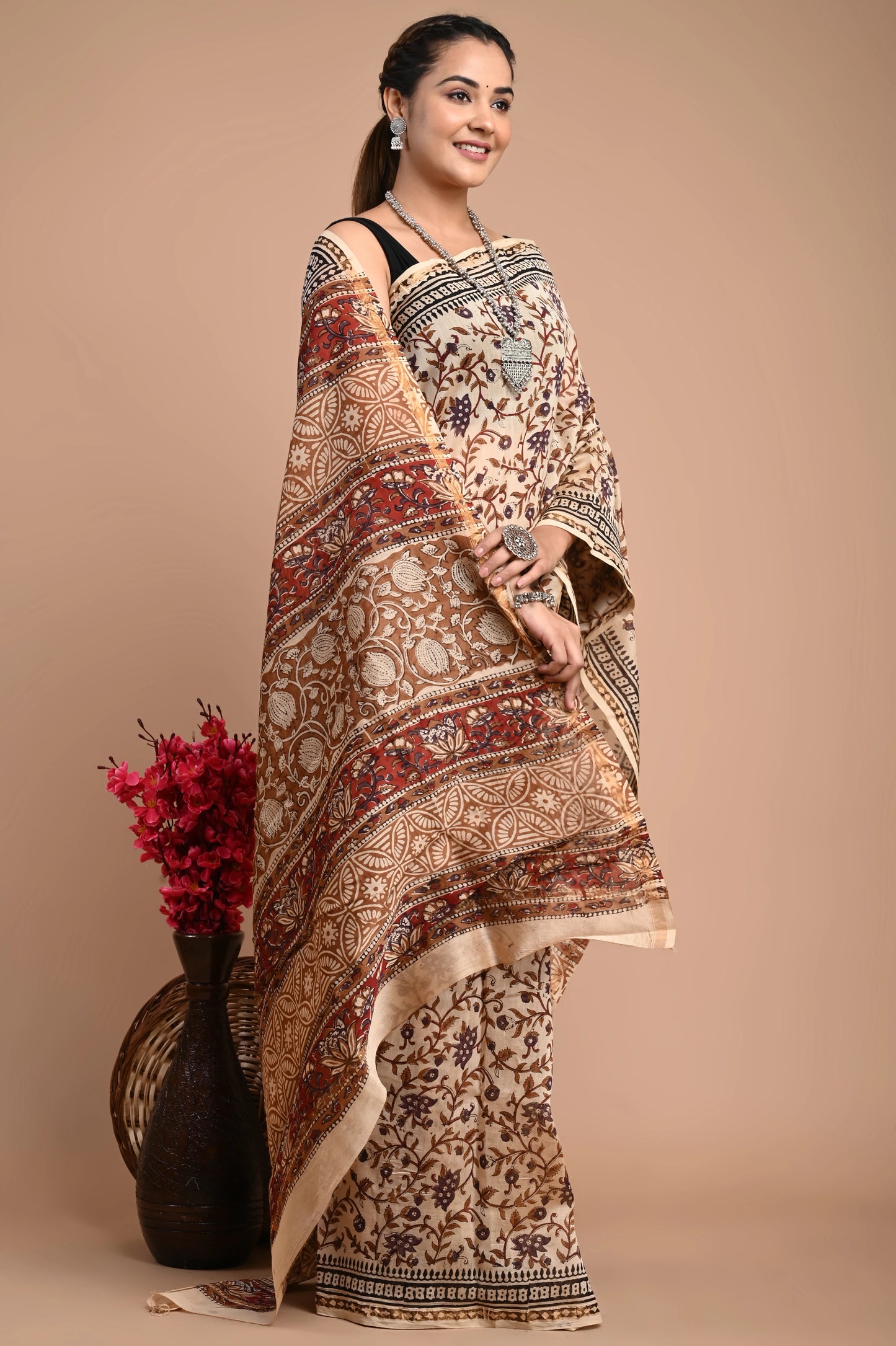 Hand Block Printed Chanderi Silk Saree (Bagru Print)
