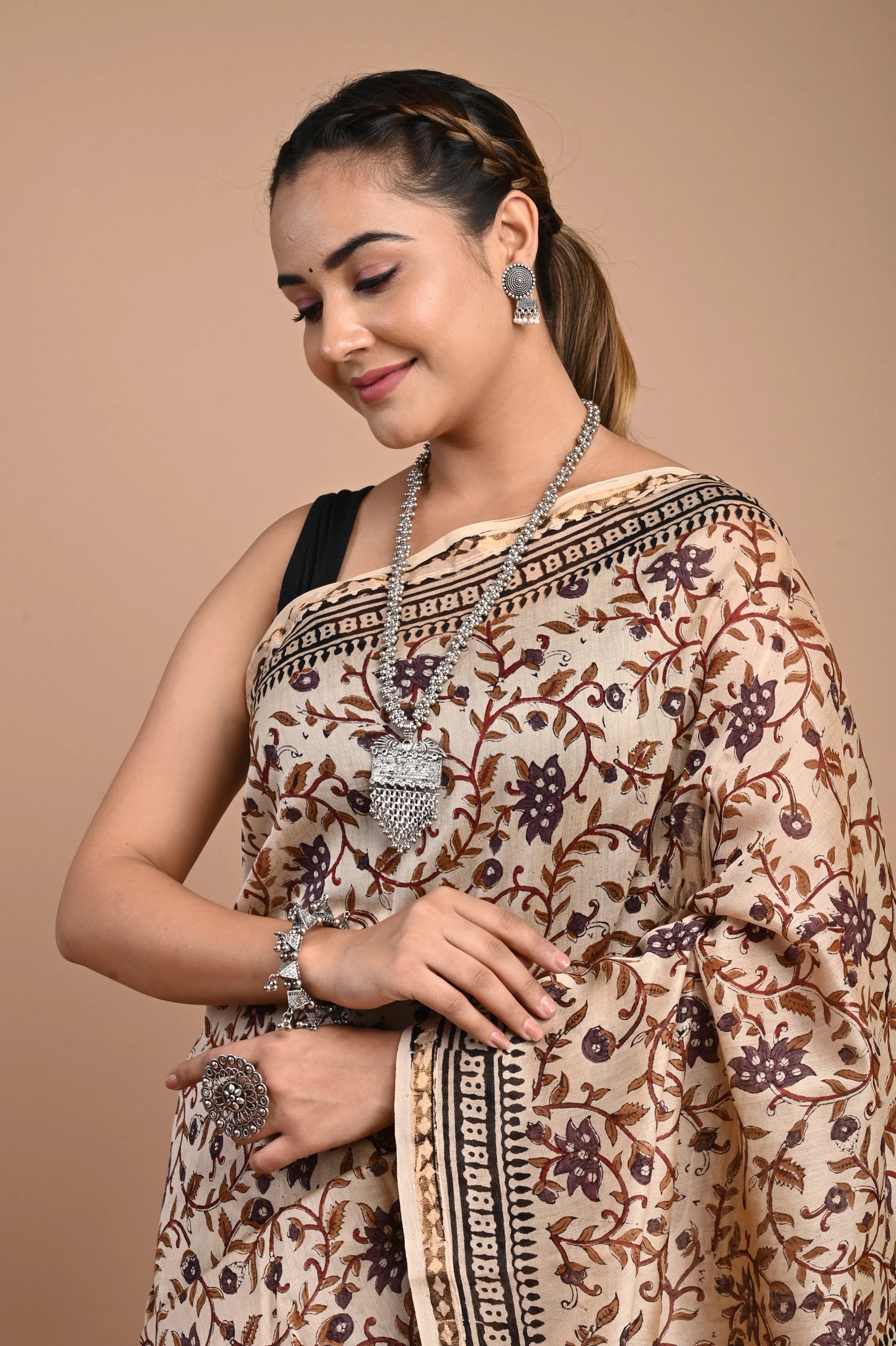 Hand Block Printed Chanderi Silk Saree (Bagru Print)