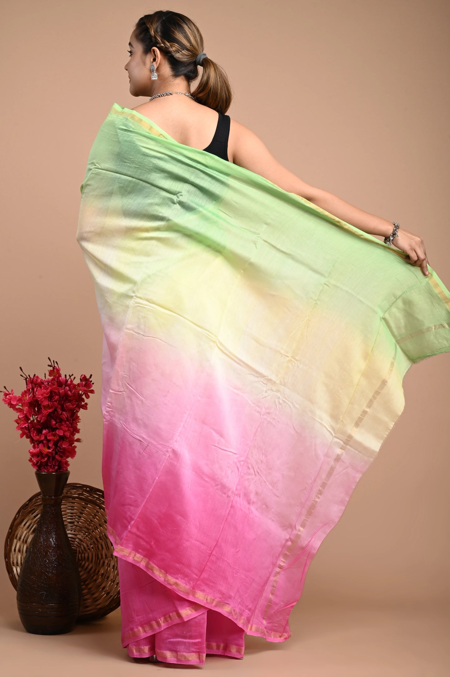 Hand Block Printed Chanderi Silk Saree (Tie & Die)