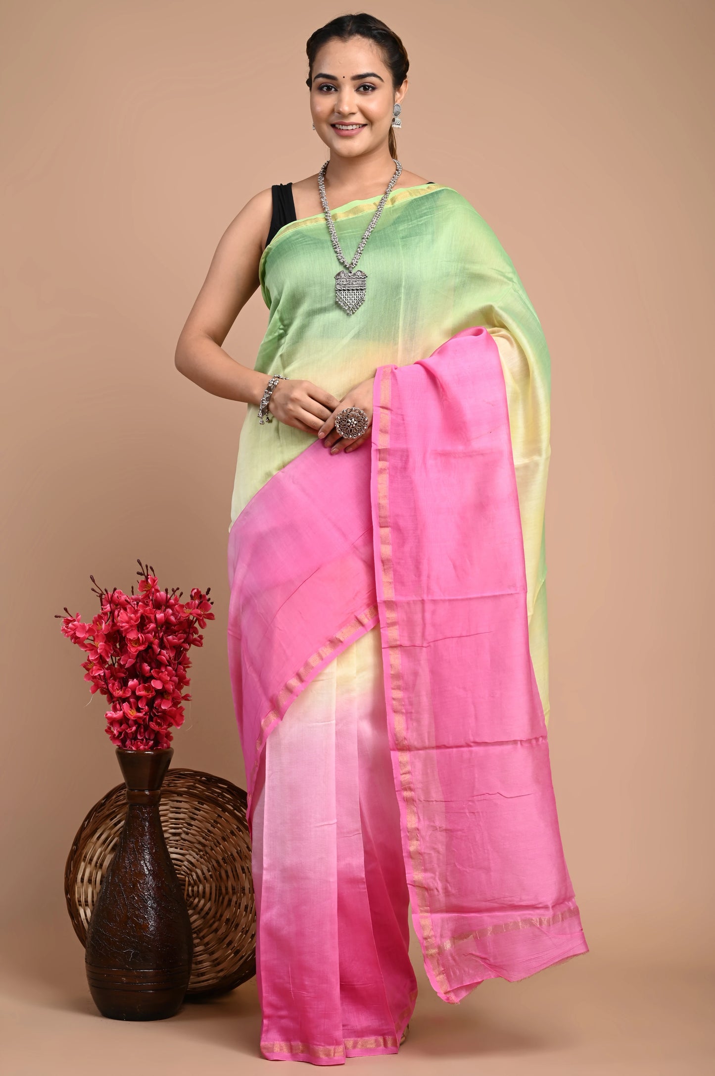 Hand Block Printed Chanderi Silk Saree (Tie & Die)