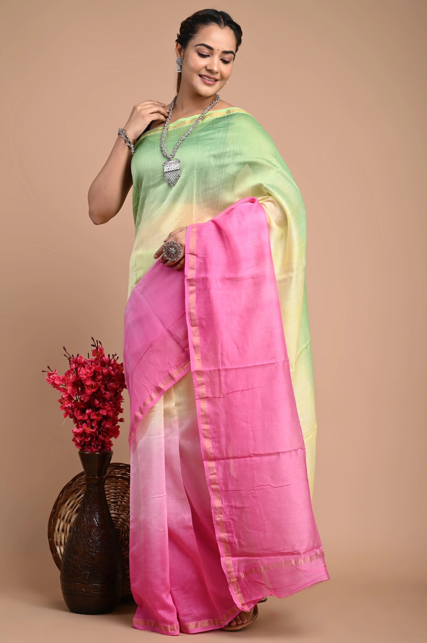 Hand Block Printed Chanderi Silk Saree (Tie & Die)