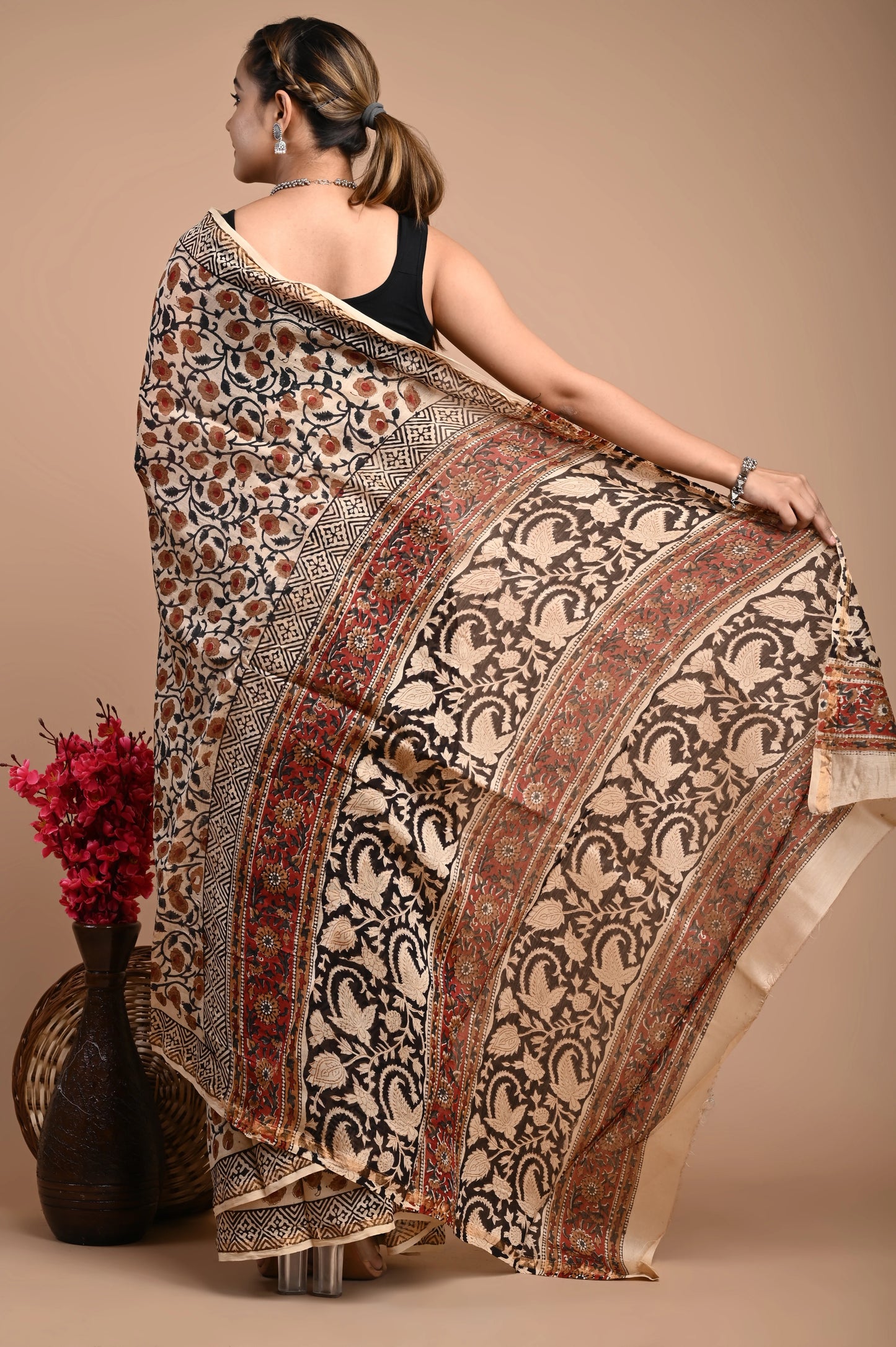 Hand Block Printed Chanderi Silk Saree (Bagru Print)