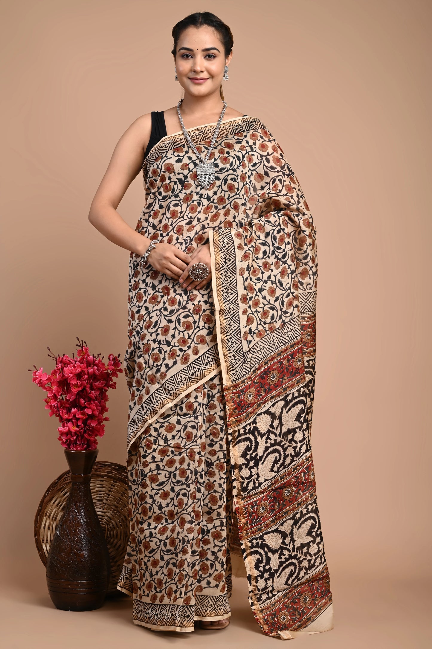 Hand Block Printed Chanderi Silk Saree (Bagru Print)