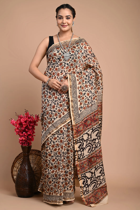 Hand Block Printed Chanderi Silk Saree (Bagru Print)