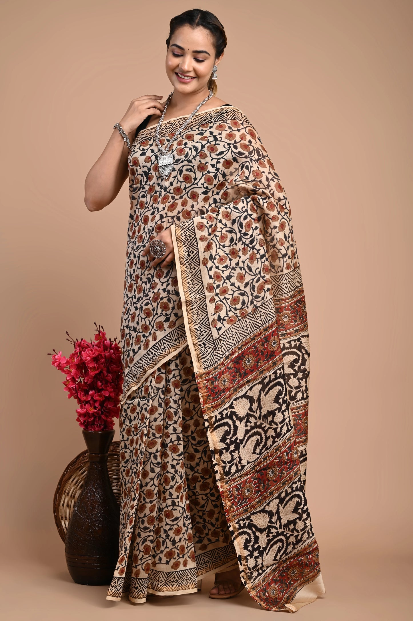 Hand Block Printed Chanderi Silk Saree (Bagru Print)