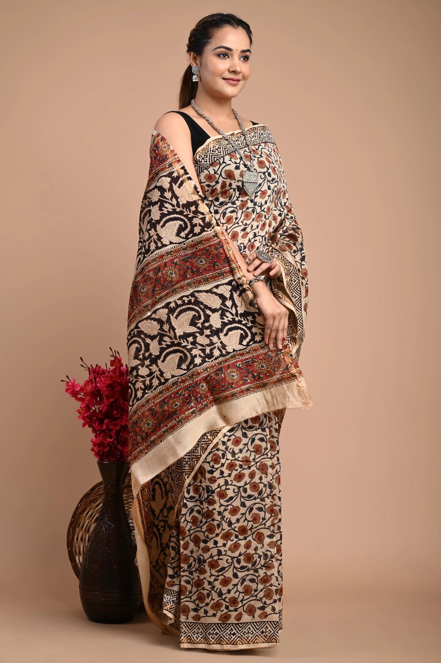 Hand Block Printed Chanderi Silk Saree (Bagru Print)