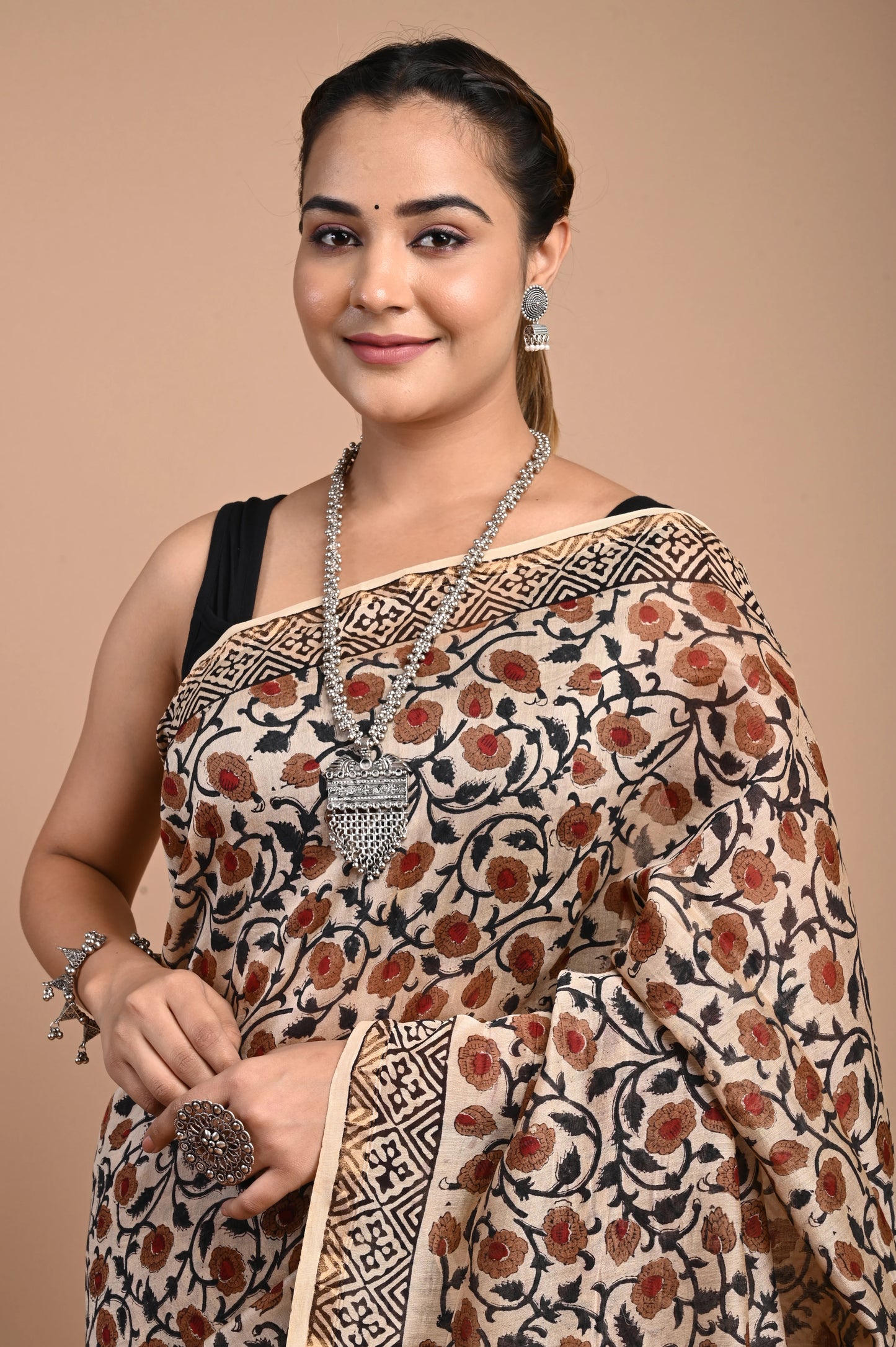 Hand Block Printed Chanderi Silk Saree (Bagru Print)