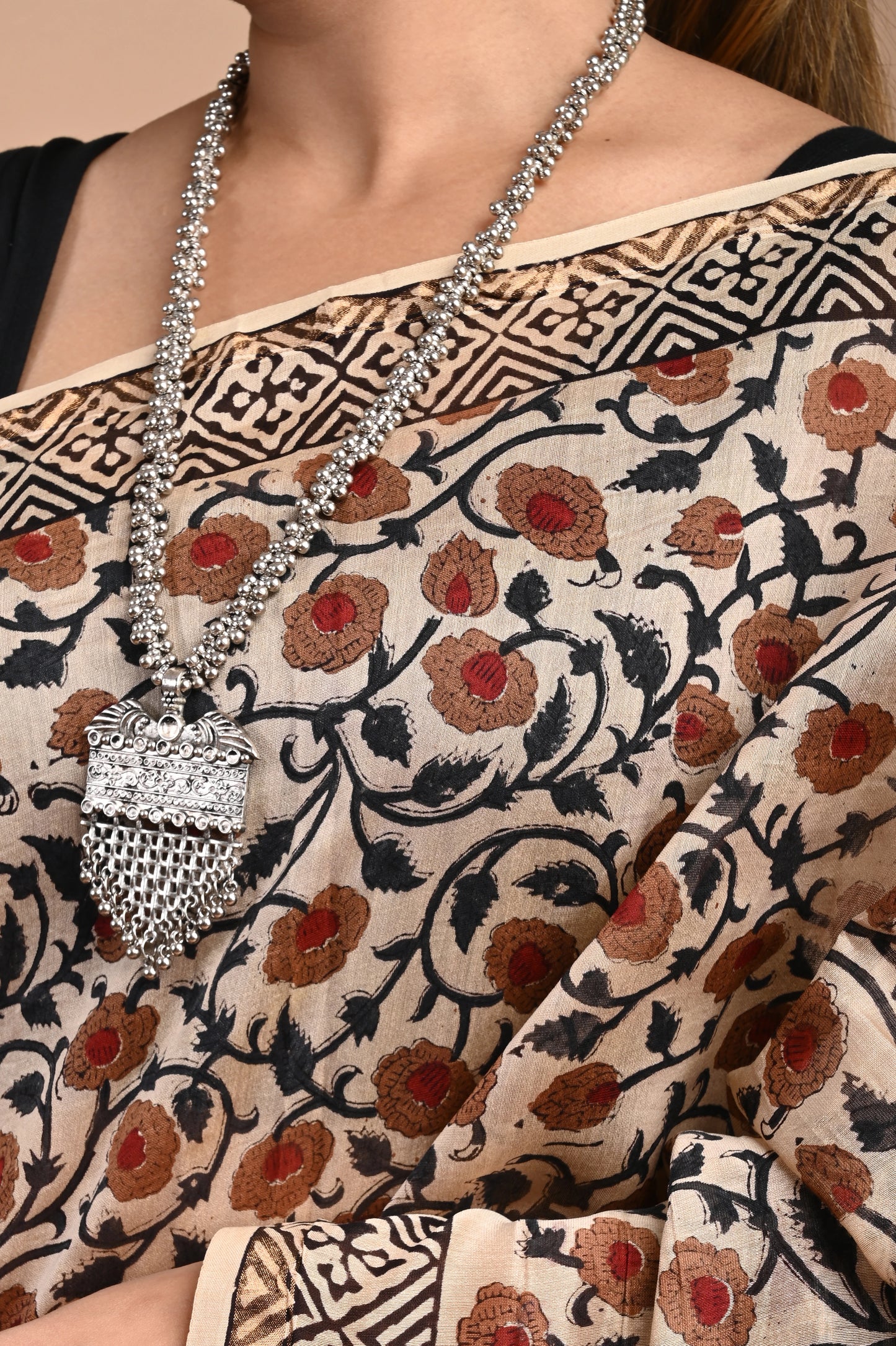 Hand Block Printed Chanderi Silk Saree (Bagru Print)