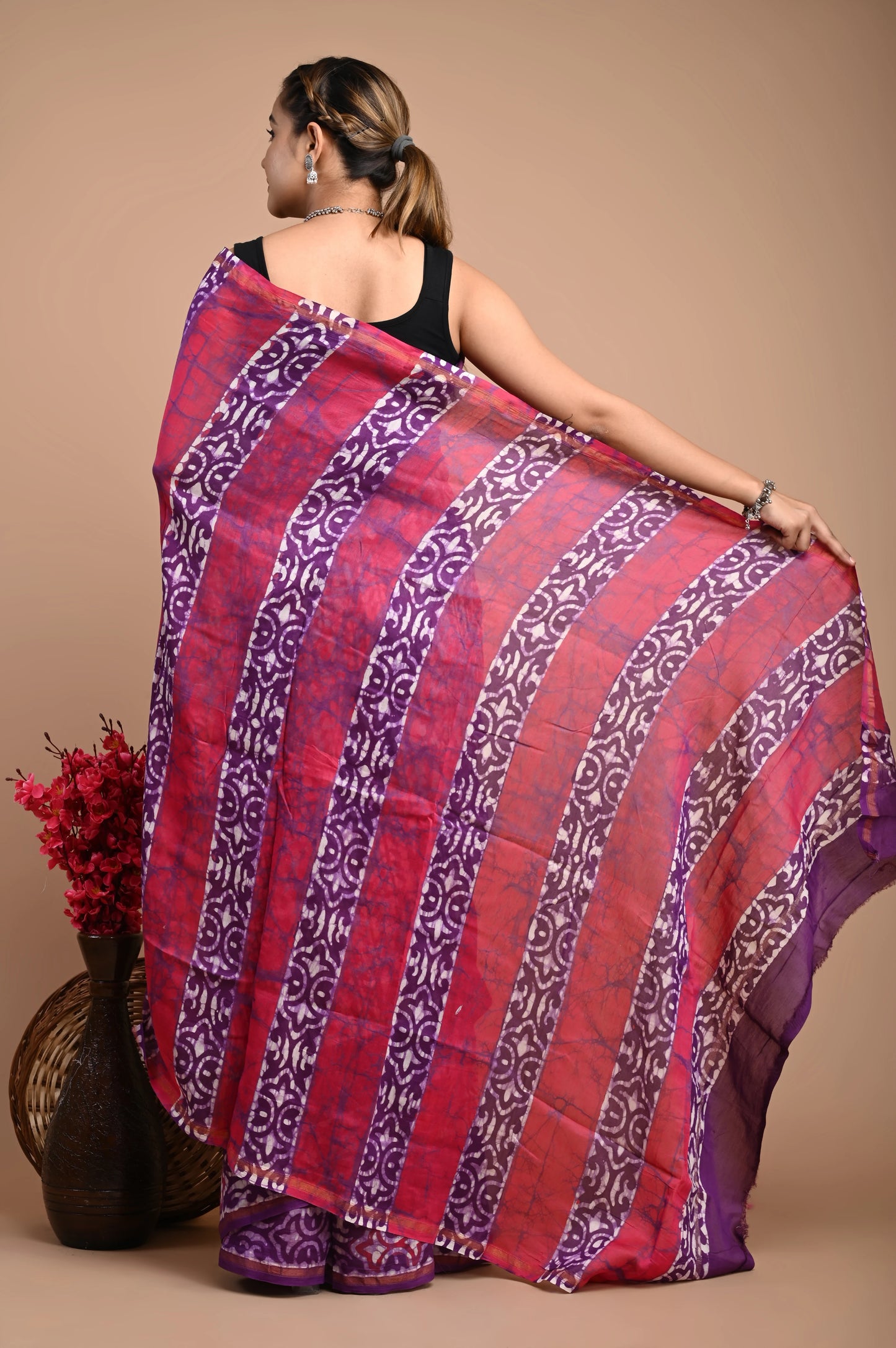 Hand Block Printed Chanderi Silk Saree (Batik Print)