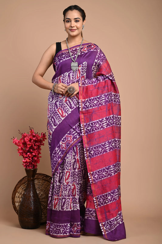 Hand Block Printed Chanderi Silk Saree (Batik Print)