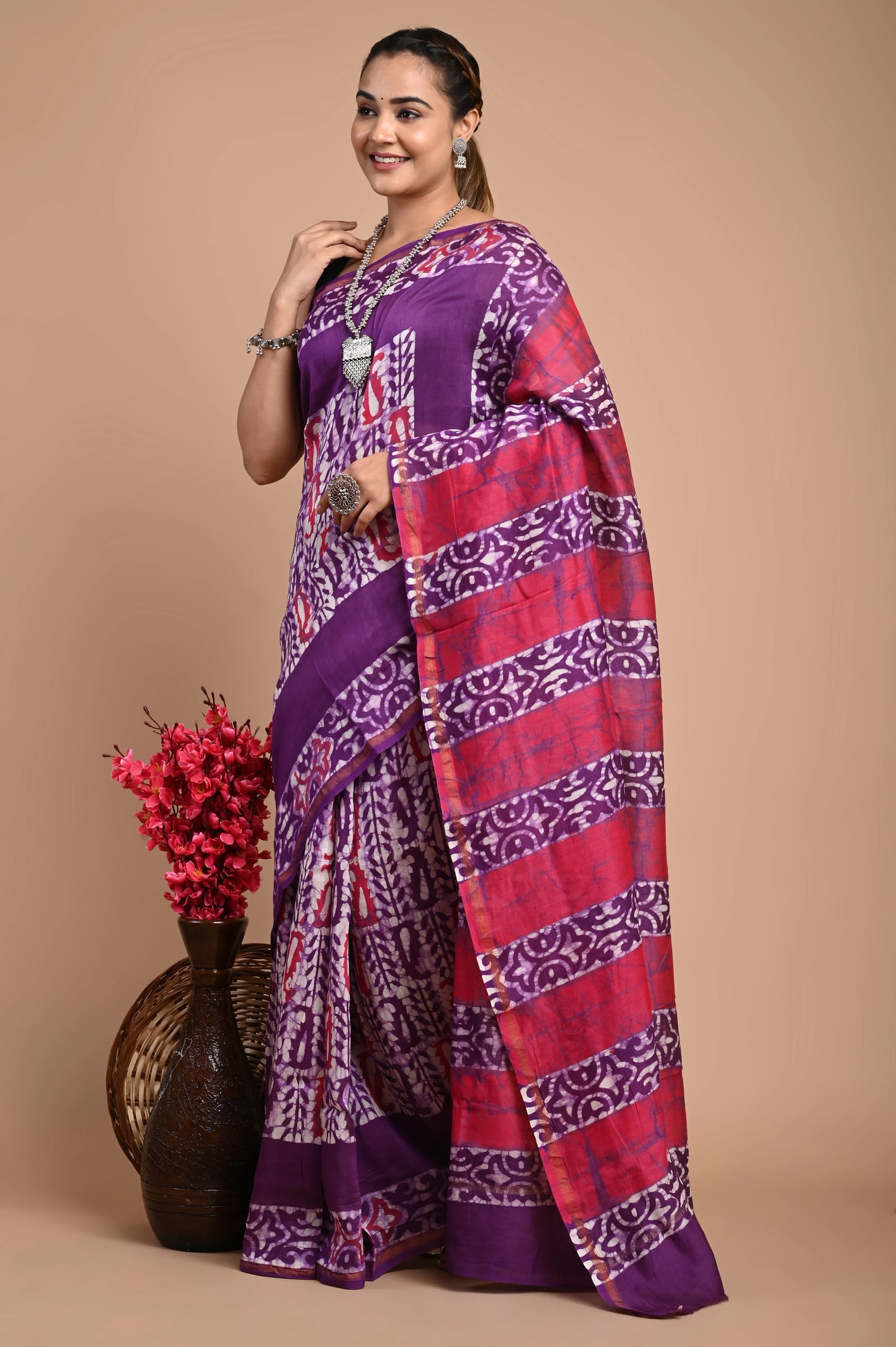 Hand Block Printed Chanderi Silk Saree (Batik Print)