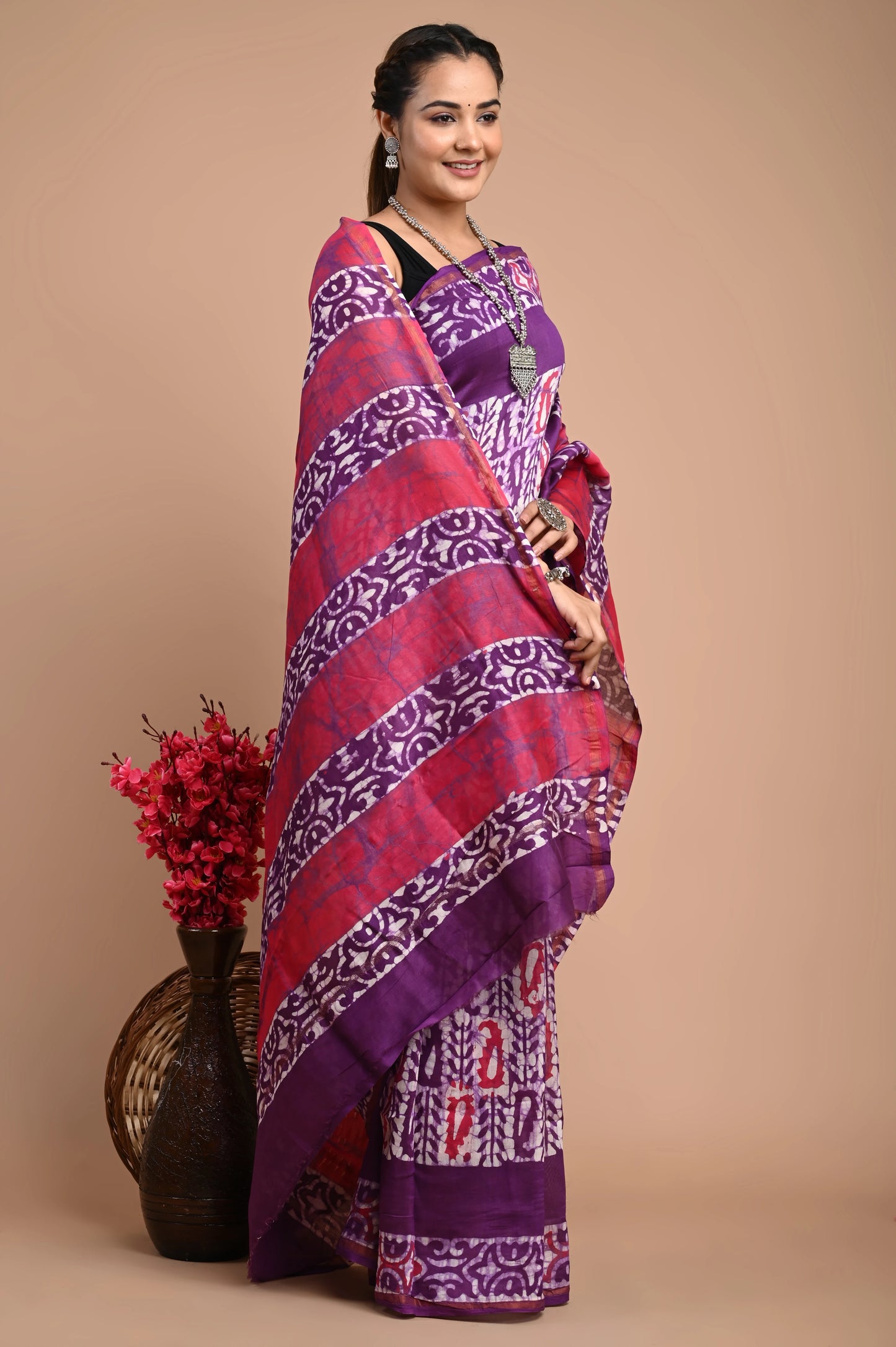 Hand Block Printed Chanderi Silk Saree (Batik Print)