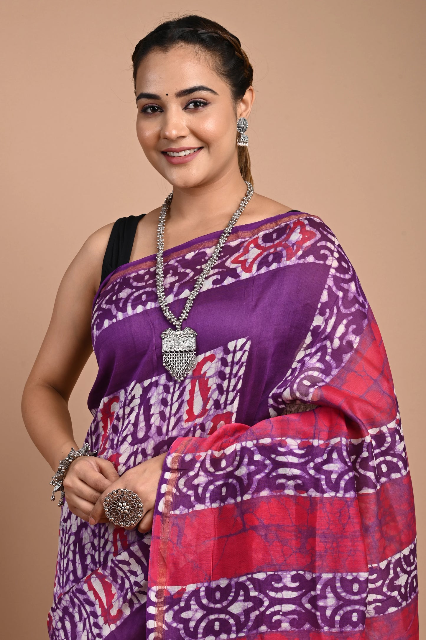Hand Block Printed Chanderi Silk Saree (Batik Print)