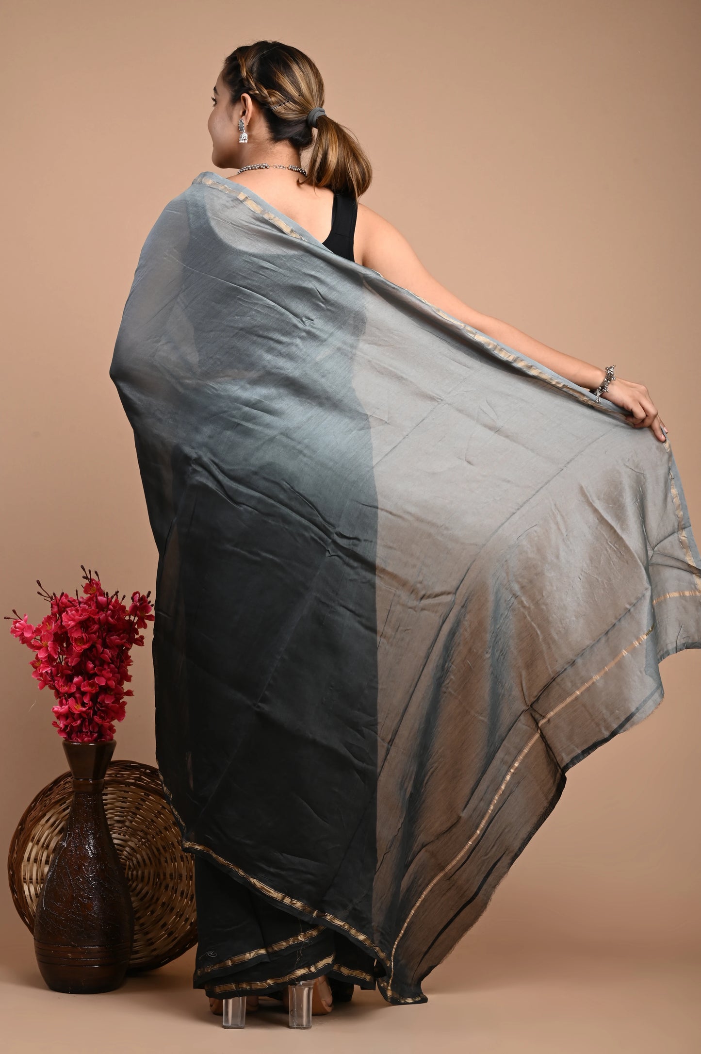 Hand Block Printed Chanderi Silk Saree (Tie & Die)