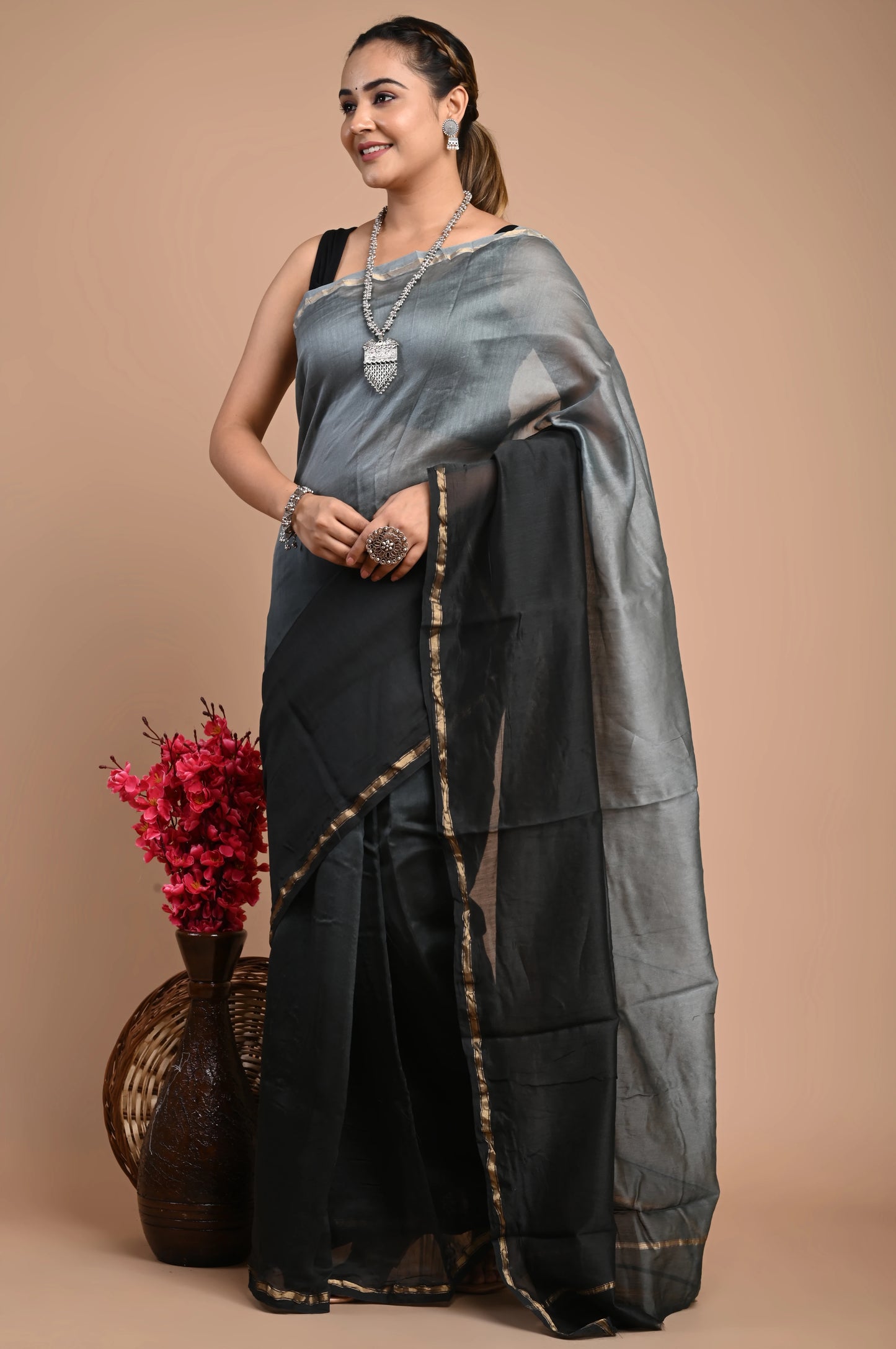 Hand Block Printed Chanderi Silk Saree (Tie & Die)