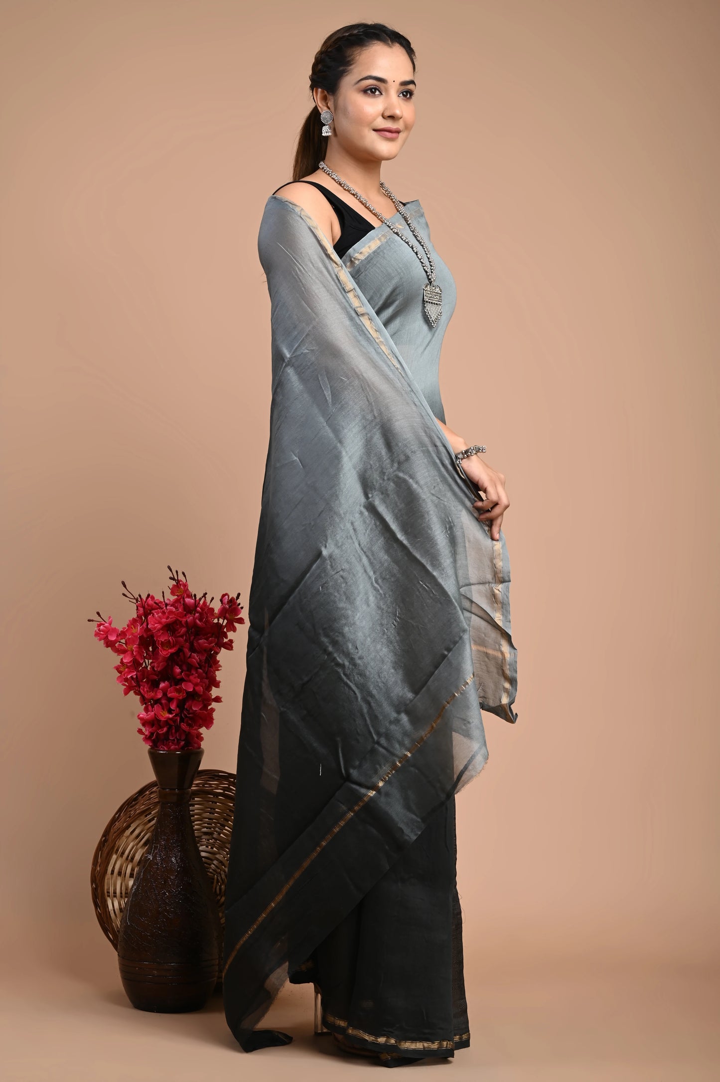 Hand Block Printed Chanderi Silk Saree (Tie & Die)