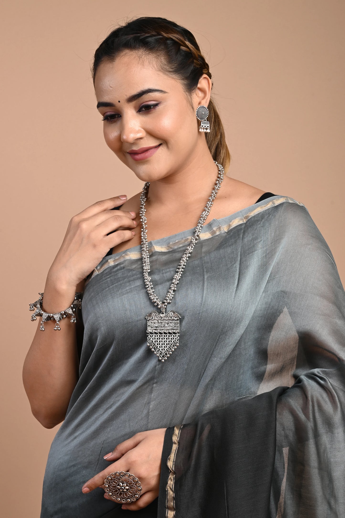 Hand Block Printed Chanderi Silk Saree (Tie & Die)