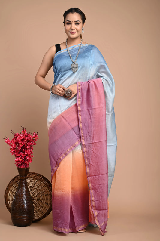 Hand Block Printed Chanderi Silk Saree (Tie & Die)