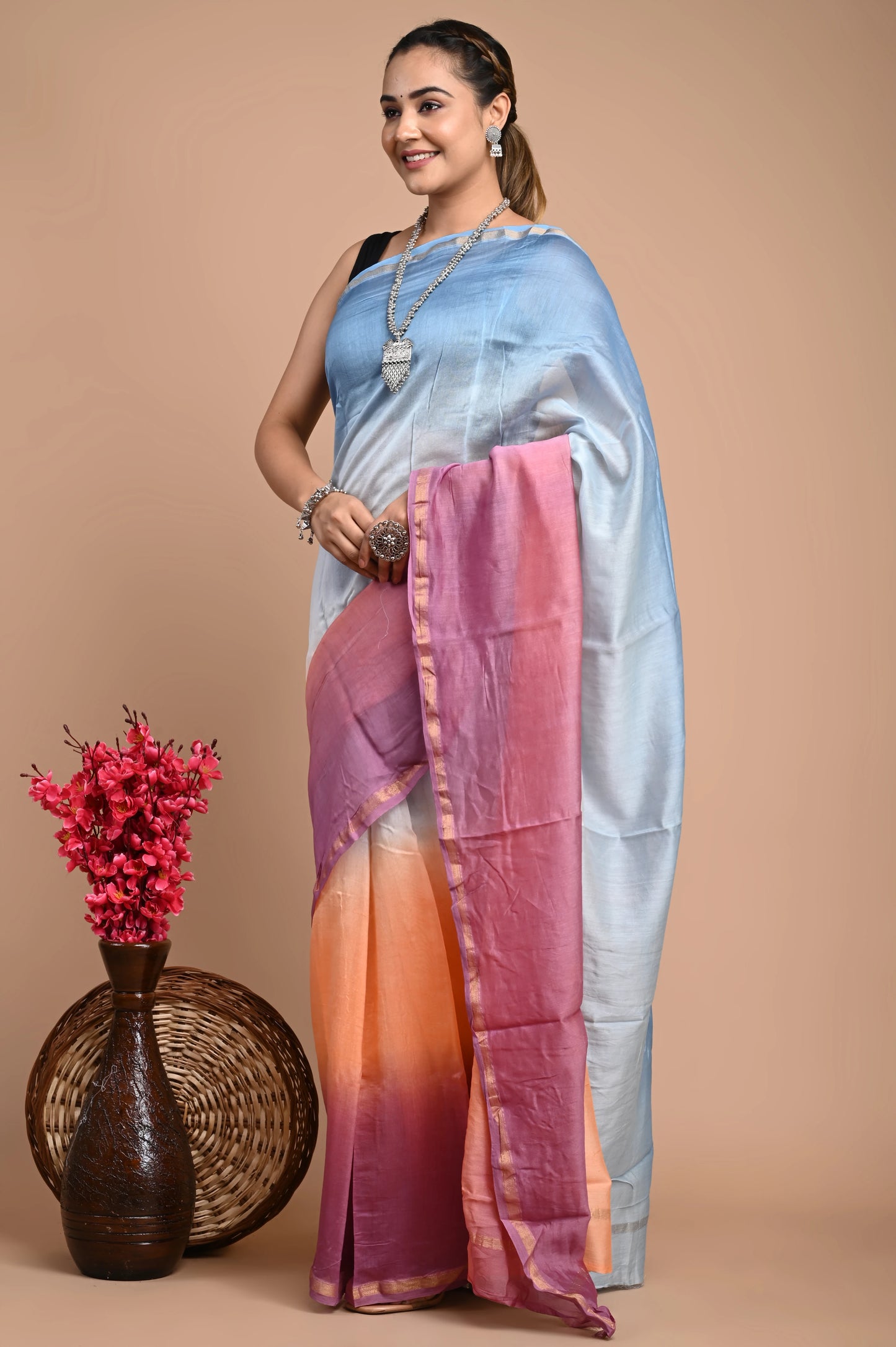 Hand Block Printed Chanderi Silk Saree (Tie & Die)