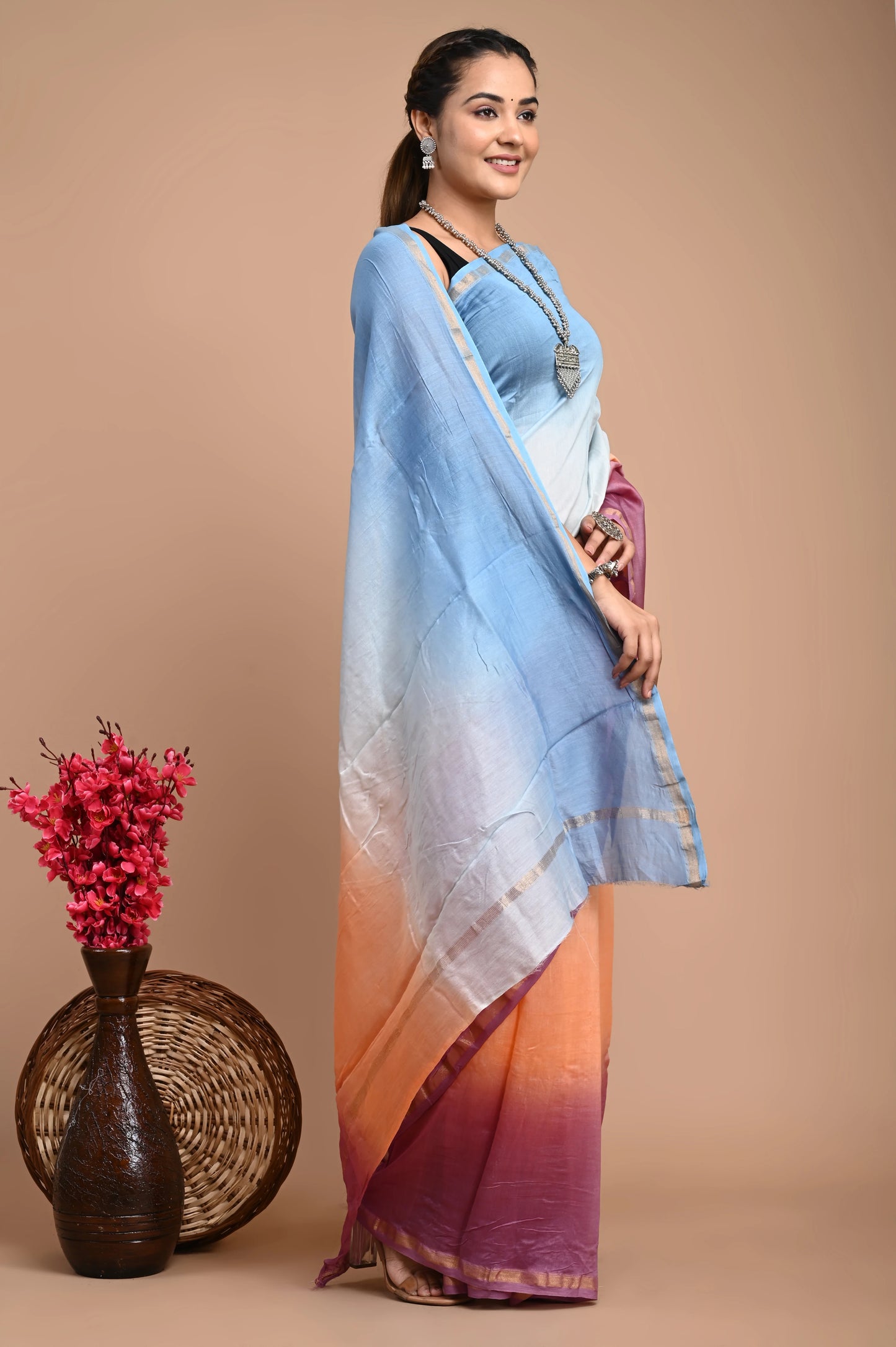 Hand Block Printed Chanderi Silk Saree (Tie & Die)